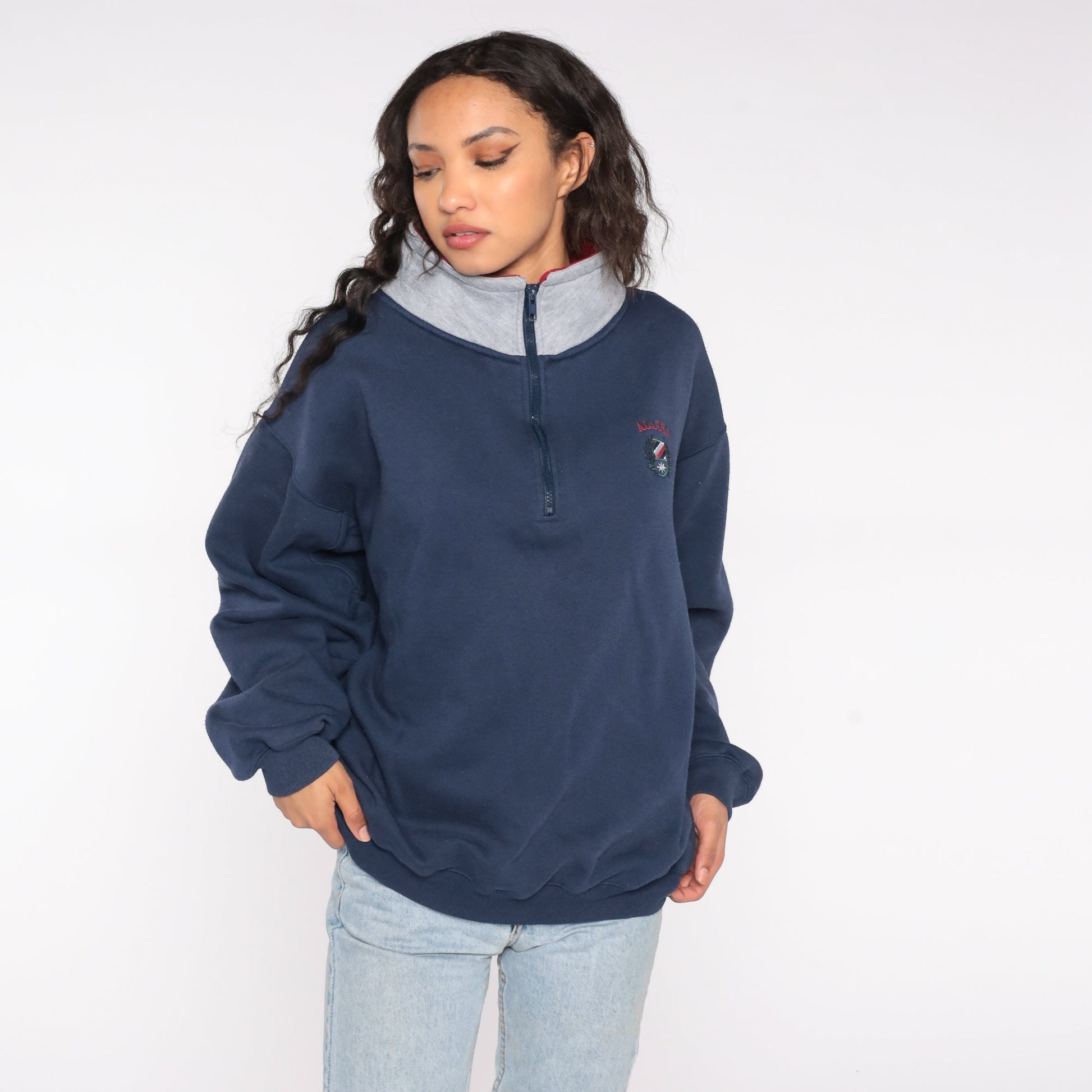 90s Alaska Quarter Zip Sweatshirt Navy Embroidered Logo Grey Collar Large
