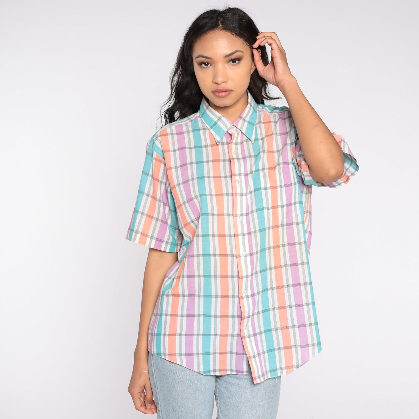 90s Plaid Button Up Shirt Short Sleeve Purple White Checkered Extra Large XL