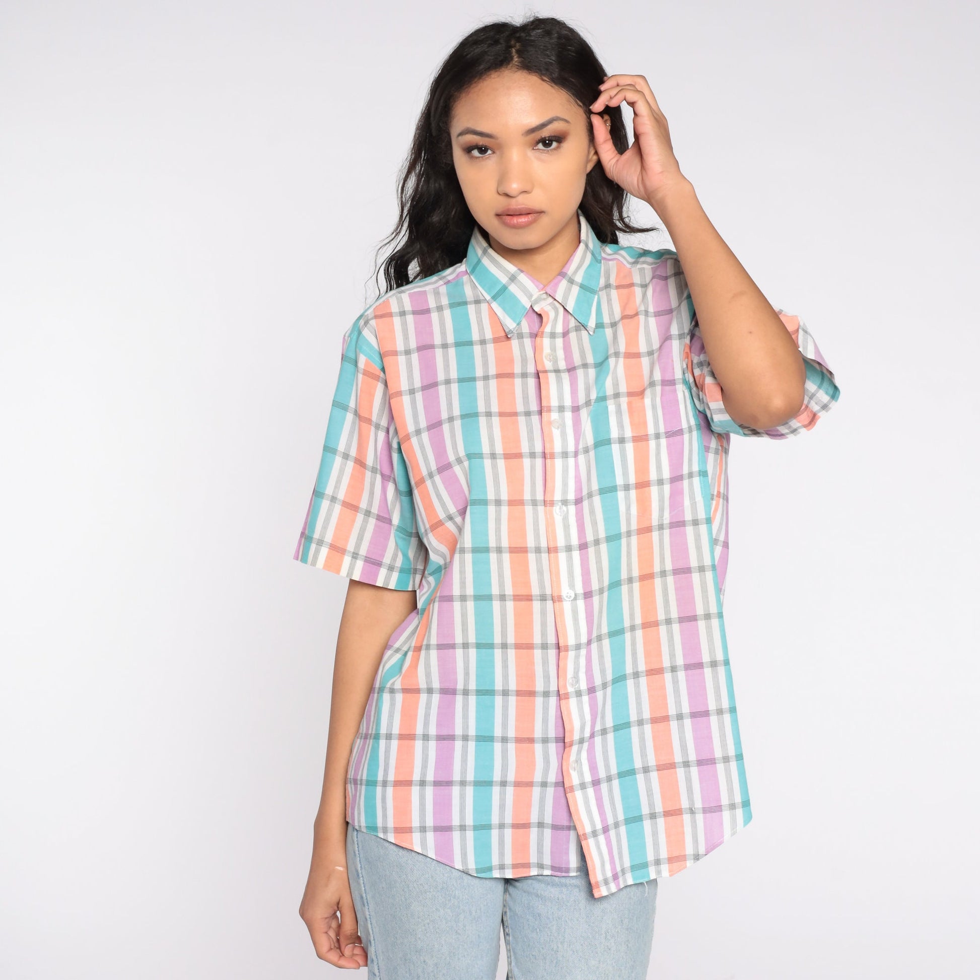 90s Plaid Button Up Shirt Short Sleeve Purple White Checkered Extra Large XL