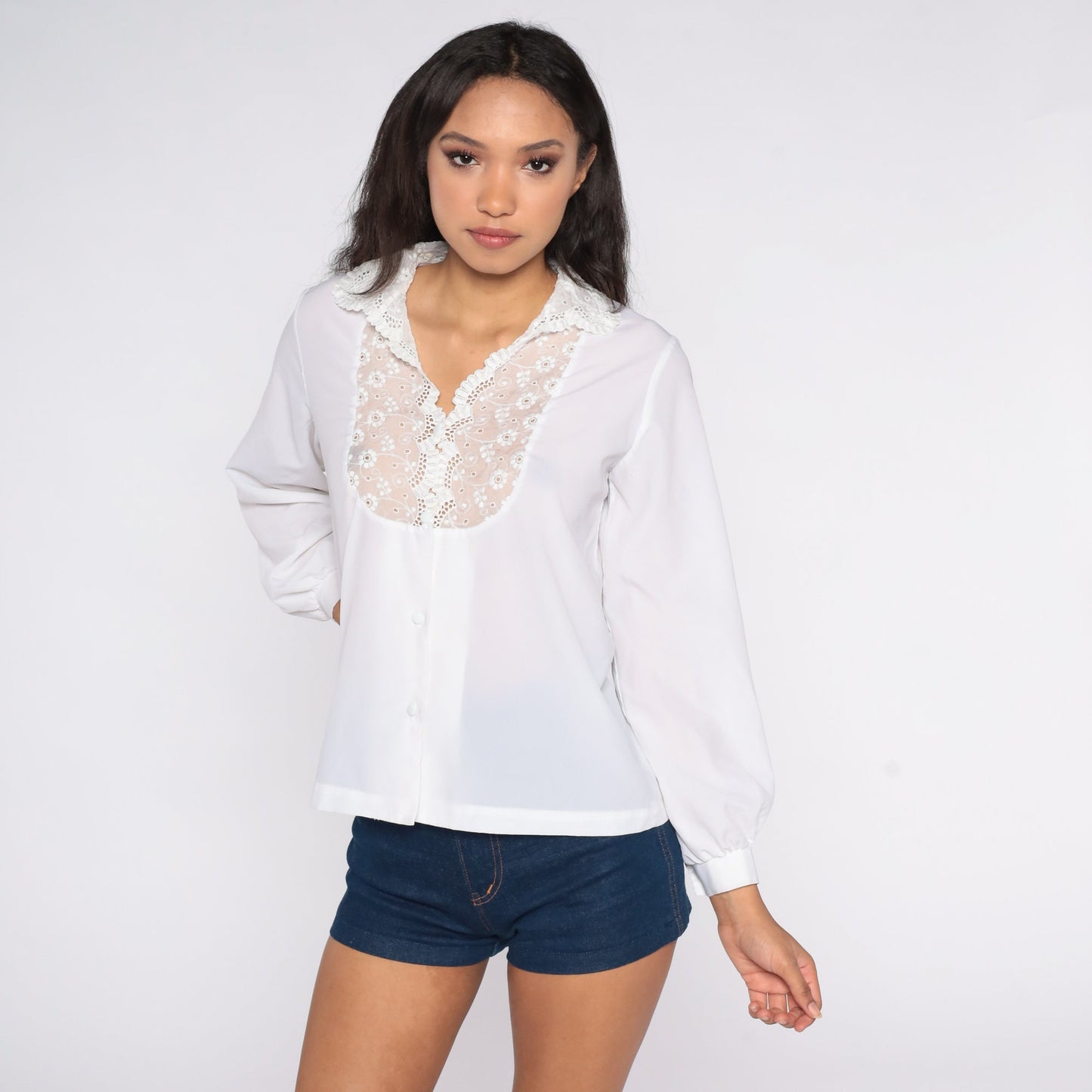 70s White Lace Blouse Victorian Button-Up Sheer Long Sleeve Small Medium