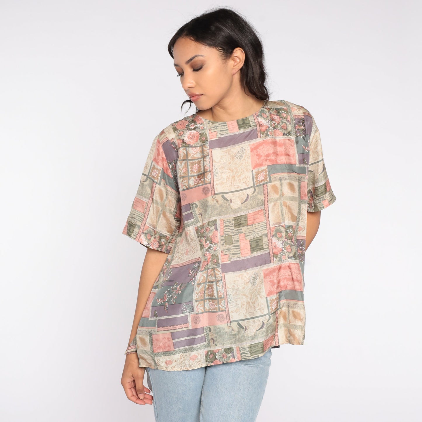 90s Silk Blouse Abstract Floral Patchwork Print Short Sleeve Pink Purple Extra Large XXL