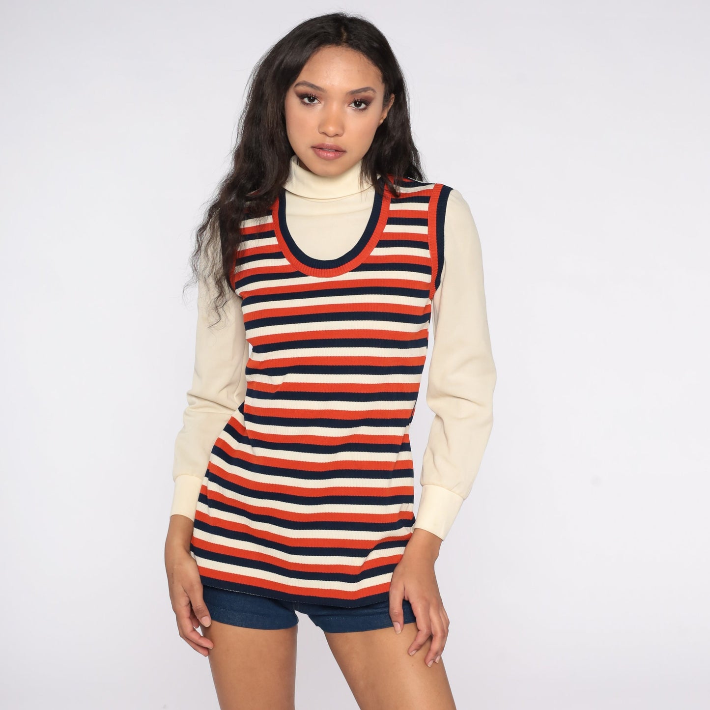 70s Cream Turtleneck with Striped Attached Vest Long Sleeve Small