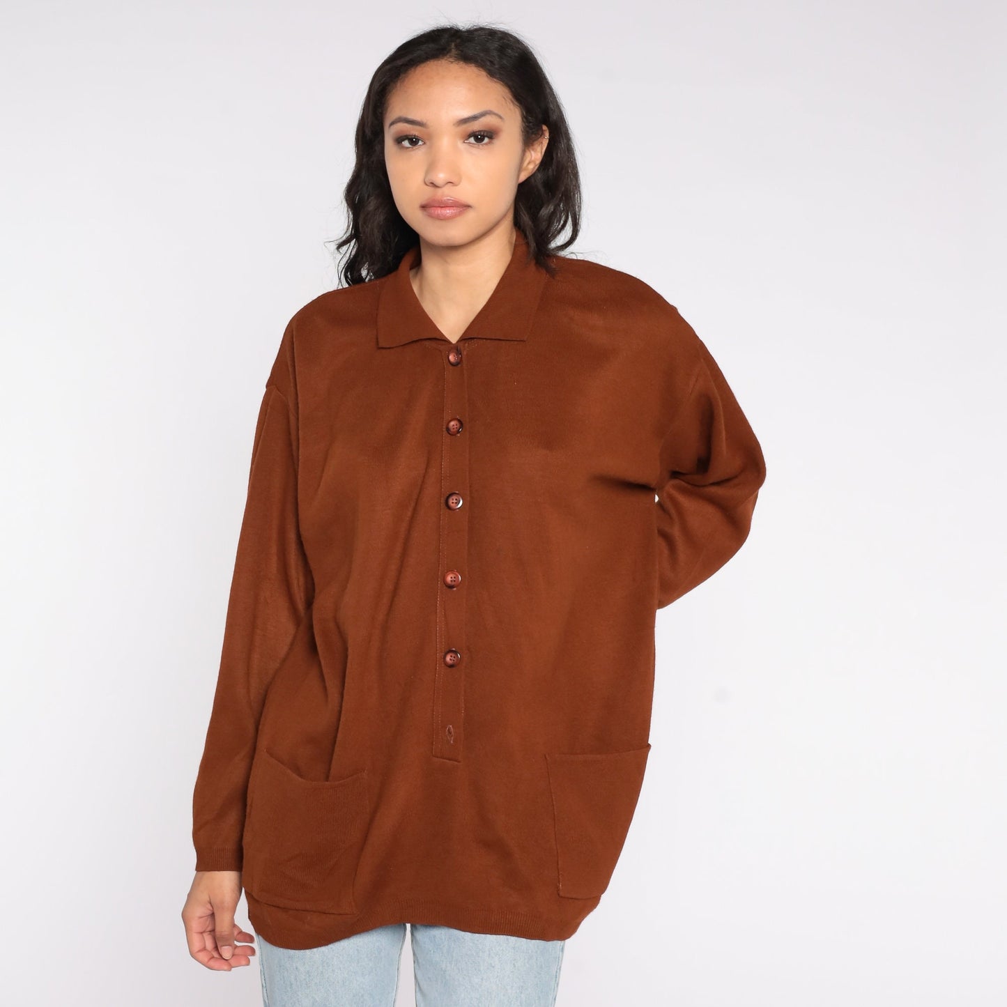 90s Brown Collared Cardigan Acrylic Knit Button-Up Extra Large XXL