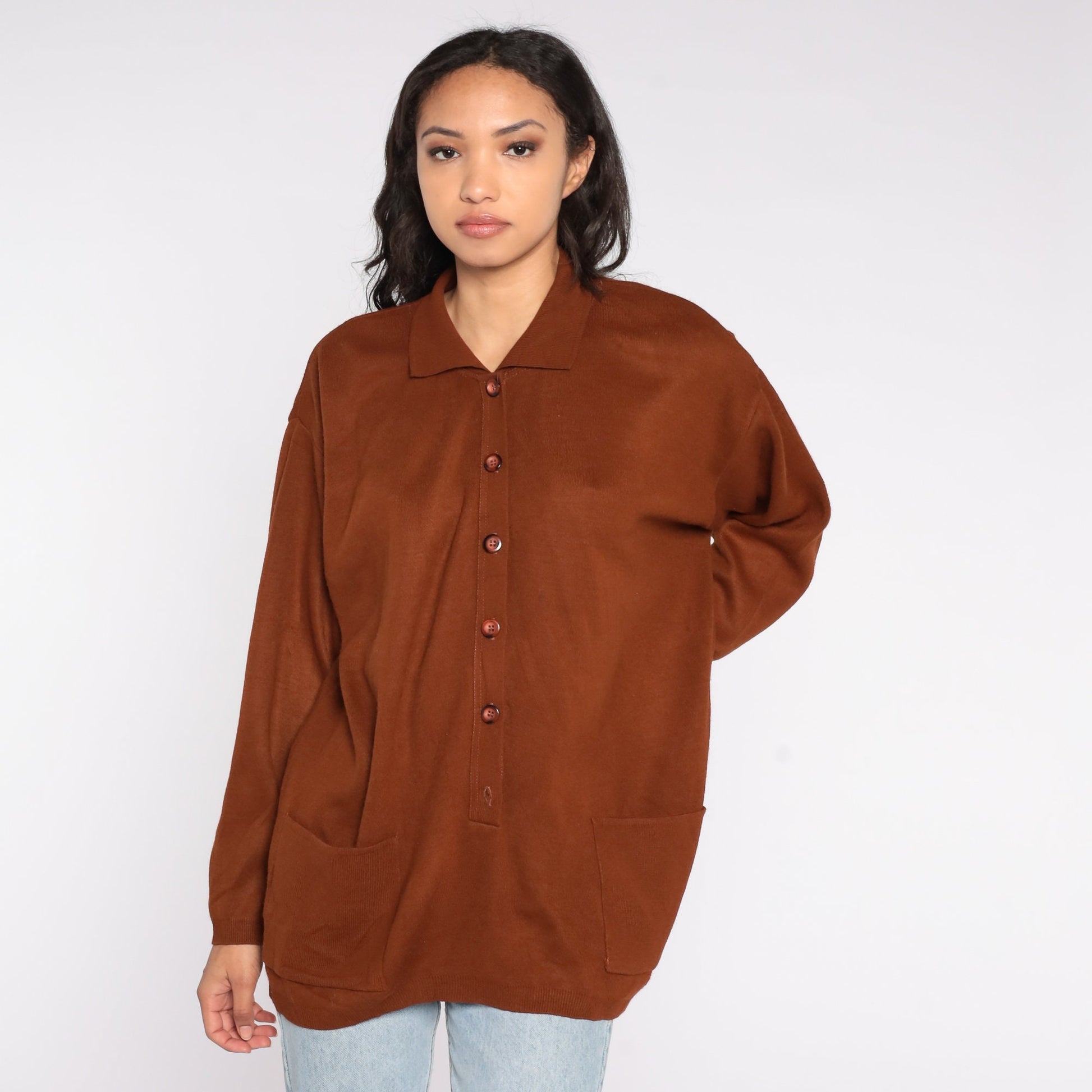 90s Brown Collared Cardigan Acrylic Knit Button-Up Extra Large XXL