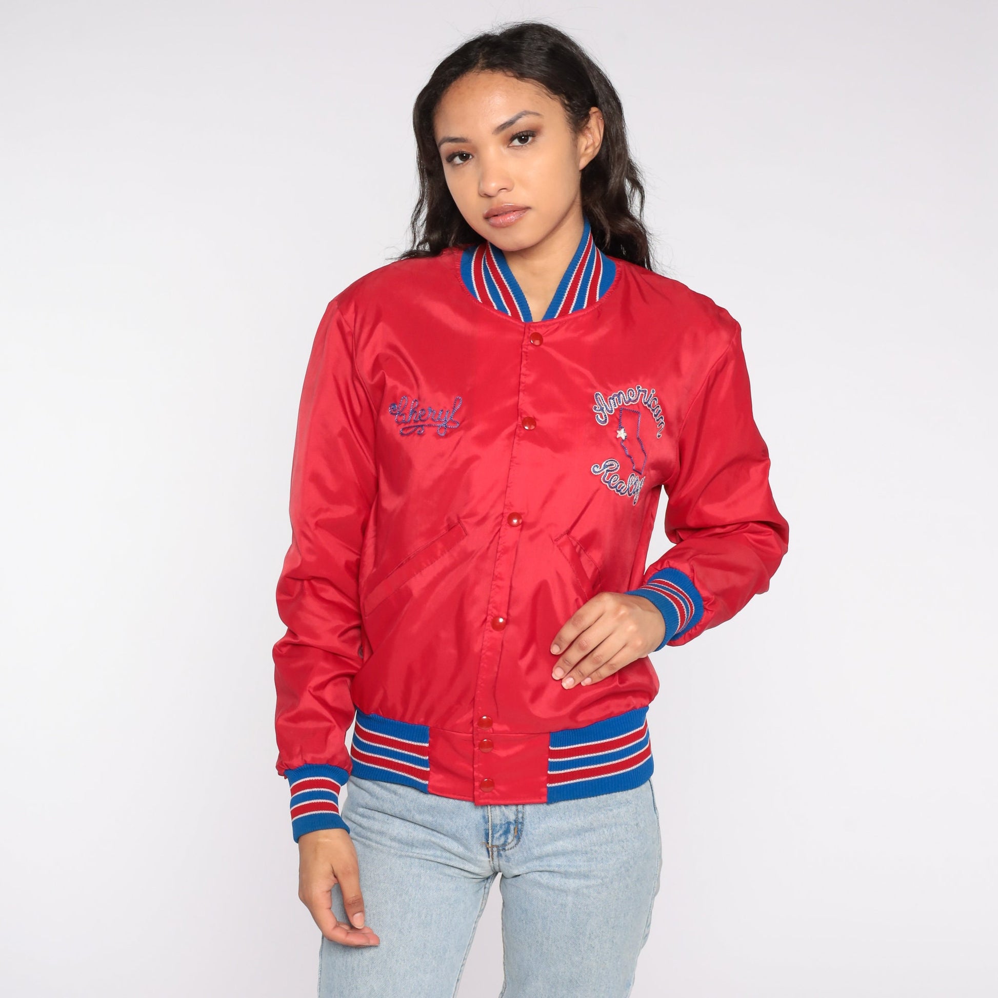 80s Red Bomber Jacket Cheryl American Realty Embroidered Snap Front Extra Small XS