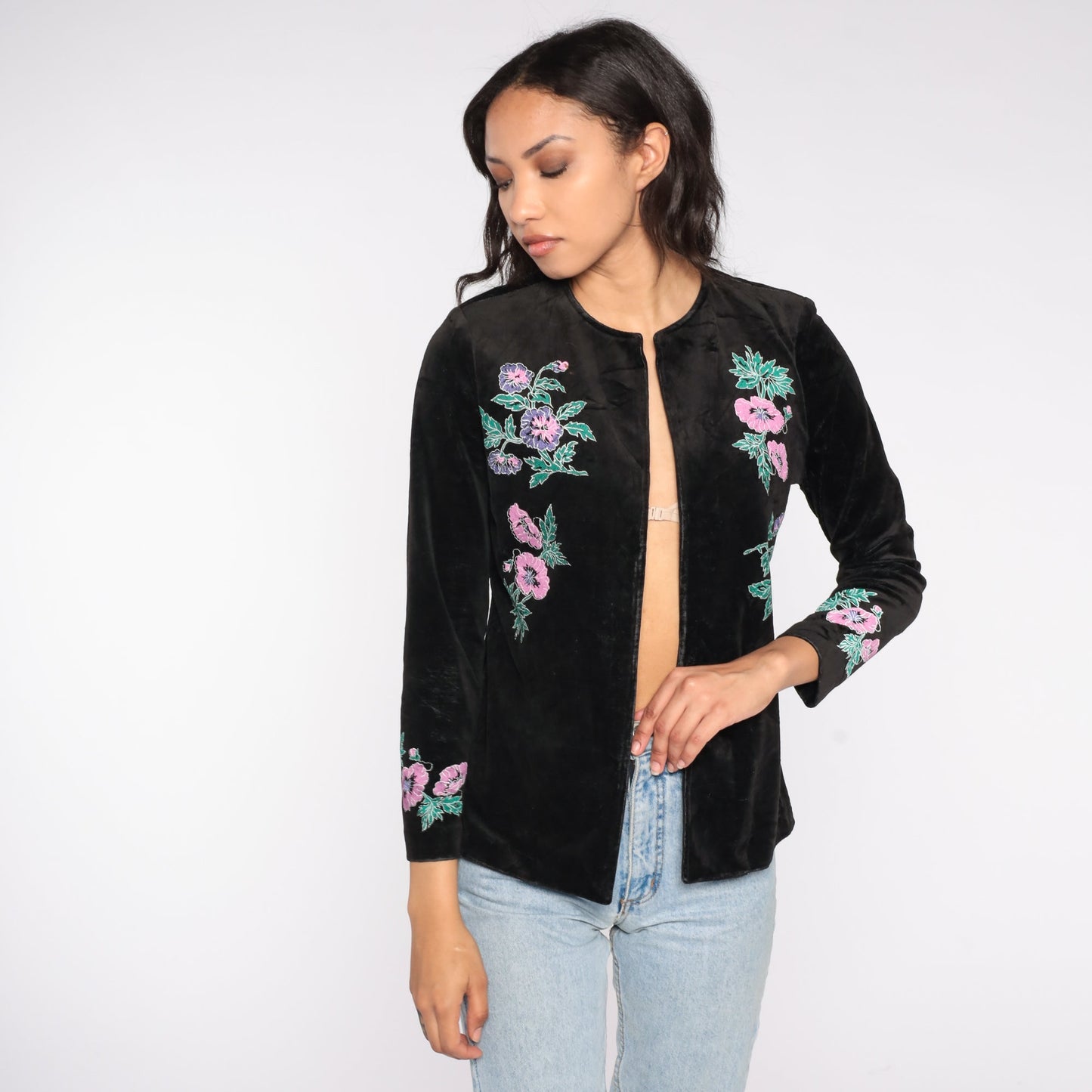 80s Black Velvet Floral Embroidered Open Front Blazer Small
