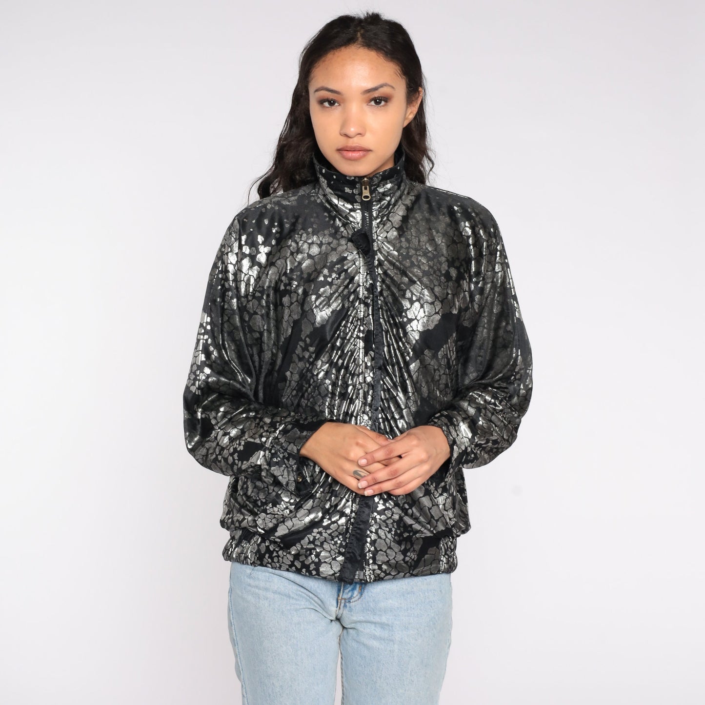 90s Reversible Windbreaker Black Metallic Silver Abstract Zip Bomber Large L