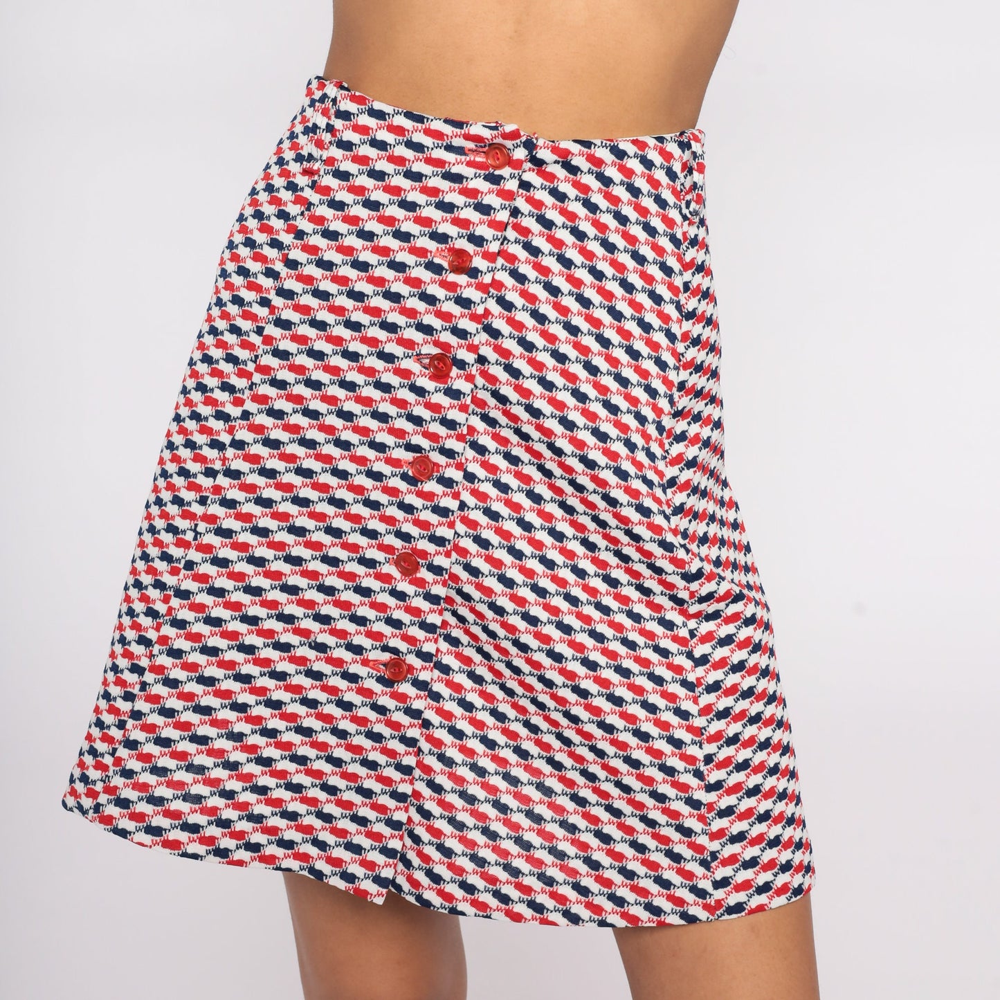 70s Plaid Mini Skirt Red White Blue High Waisted Button Front Checkered Extra Small