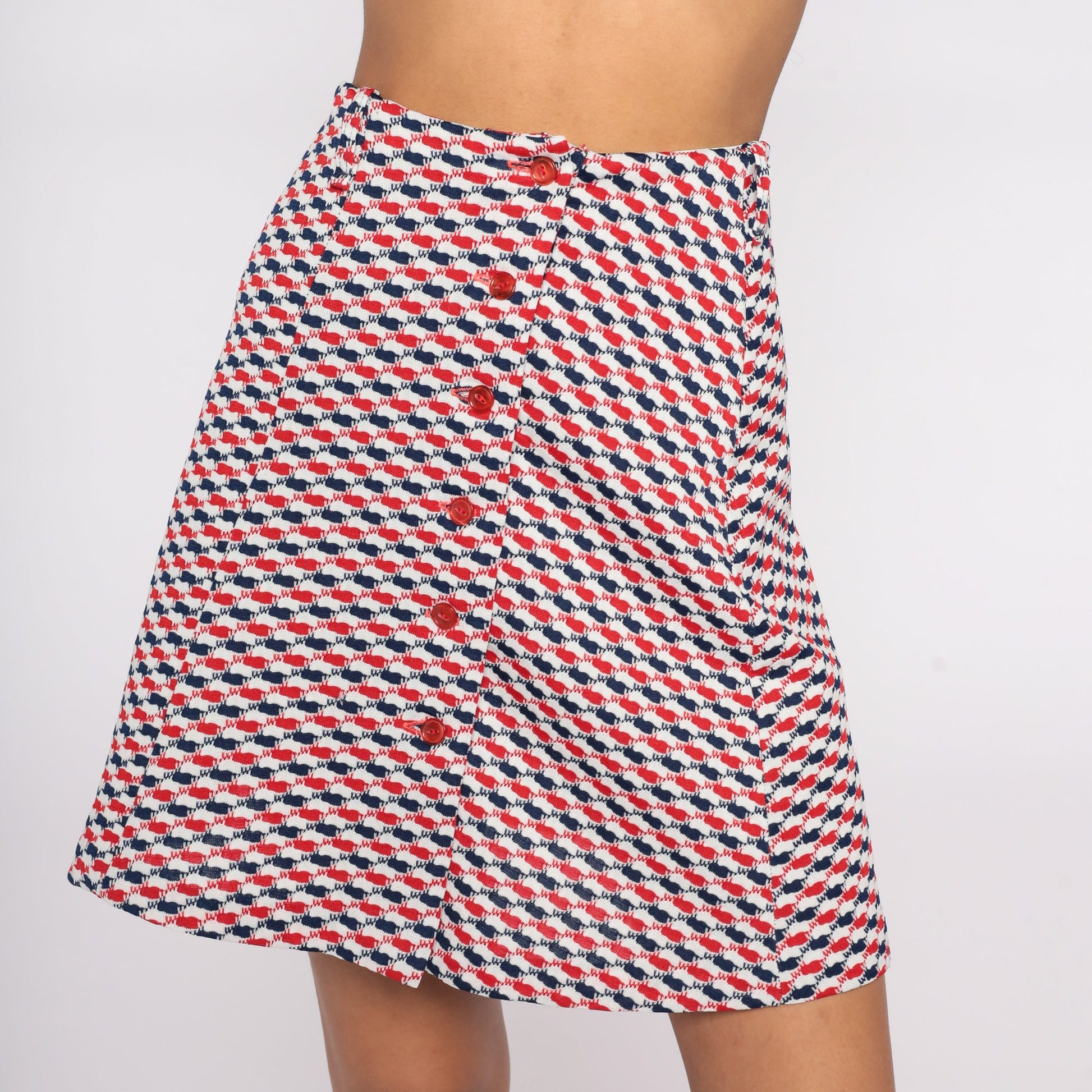 70s Plaid Mini Skirt Red White Blue High Waisted Button Front Checkered Extra Small