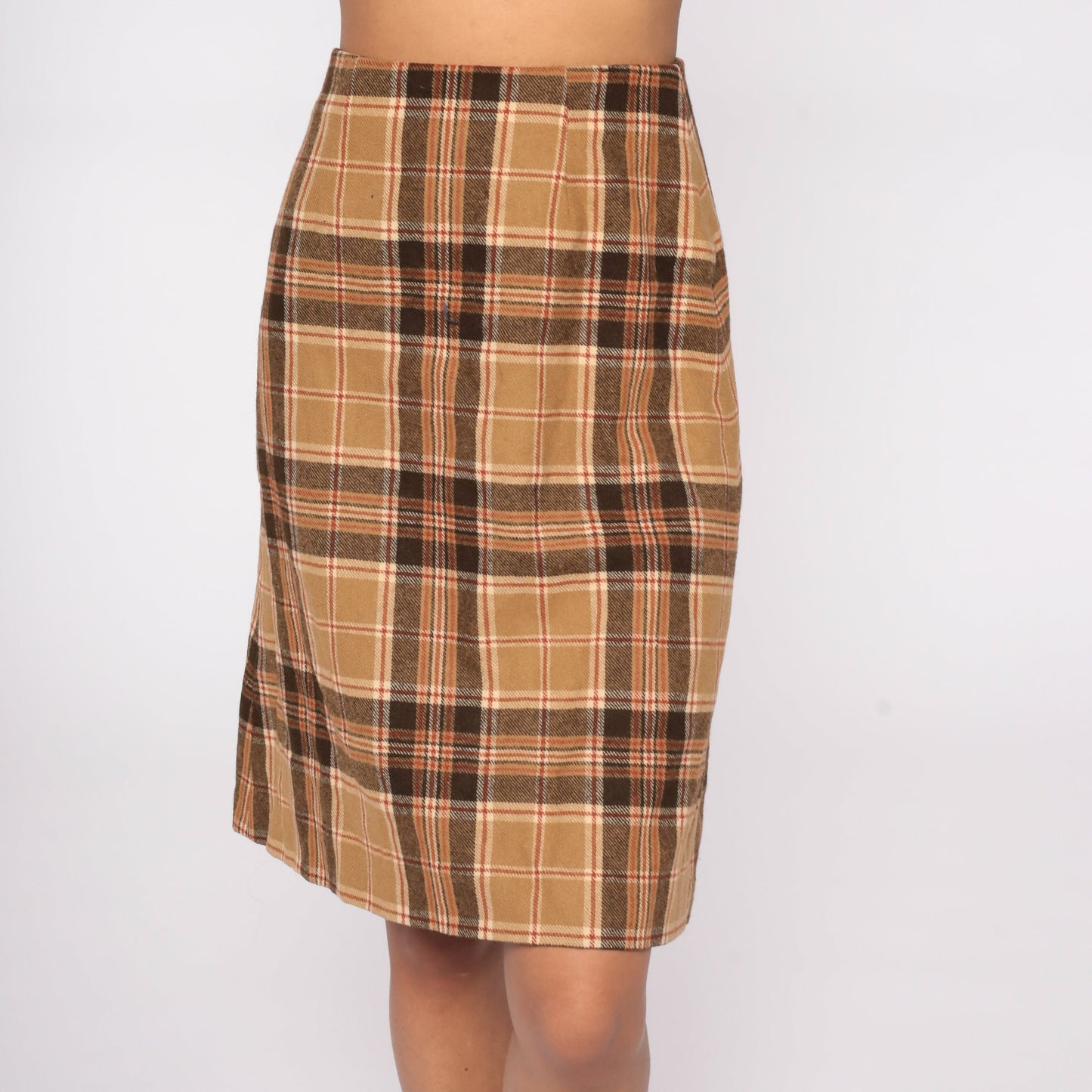 70s Brown Plaid High-Waist Pencil Skirt Wool Extra Small XS