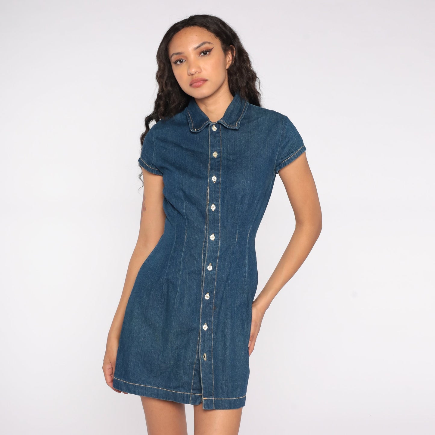 90s Bongo Denim Mini Dress Dark Blue Button-Up Collar Short Sleeve Extra Small XS