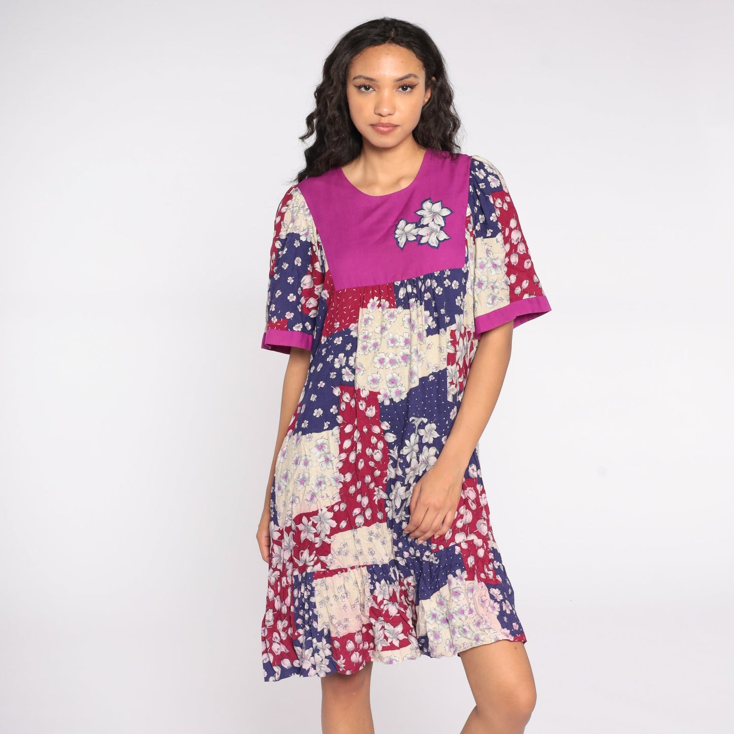 80s Liberty House Floral Patchwork Midi Dress Purple Blue Red Extra Large