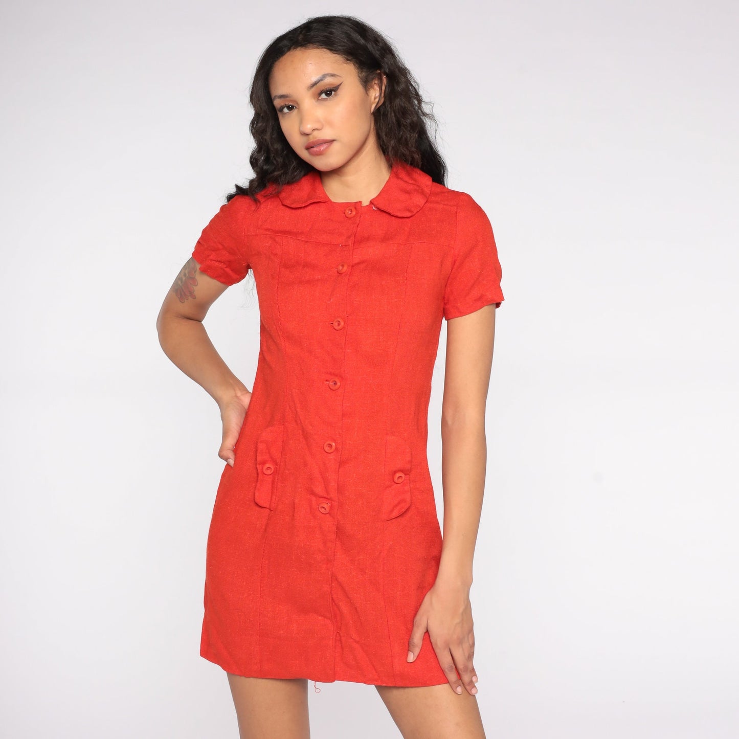 60s Red Mini Dress Peter Pan Collar High Waisted Button Front Small