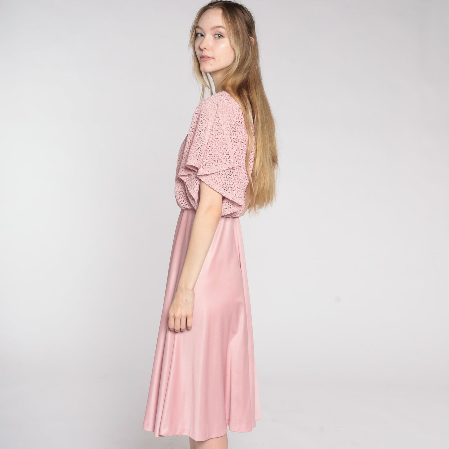 70s Pink Crochet Midi Dress Flutter Sleeve High Waist V Neck Small