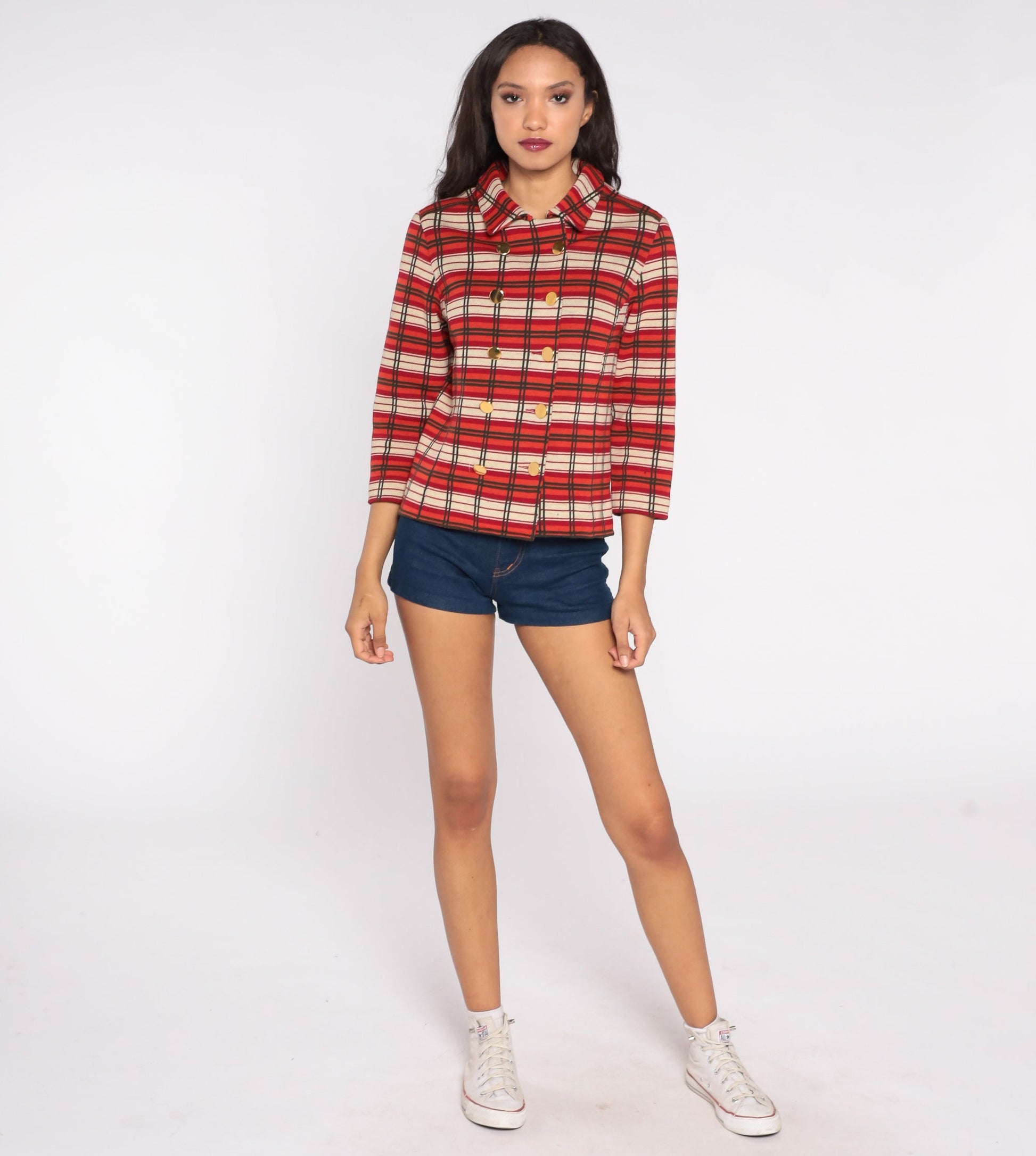 60s Plaid Wool Jacket Cropped Double Breasted Orange Red Mod Small