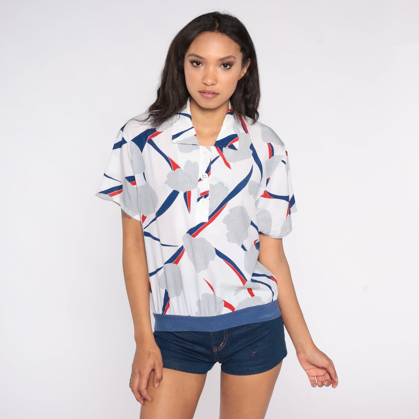 80s Abstract Floral Polo Shirt White Blue Button Up Short Sleeve Small