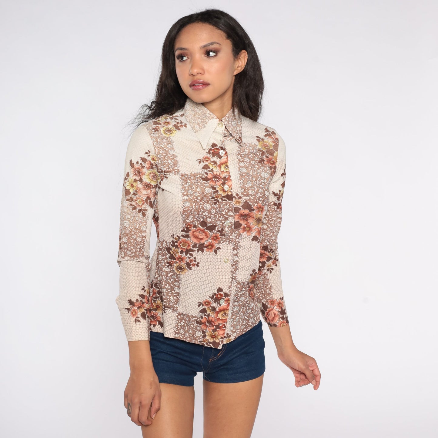 70s Brown Floral Button-Up Shirt Pointed Collar Long Sleeve Extra Small