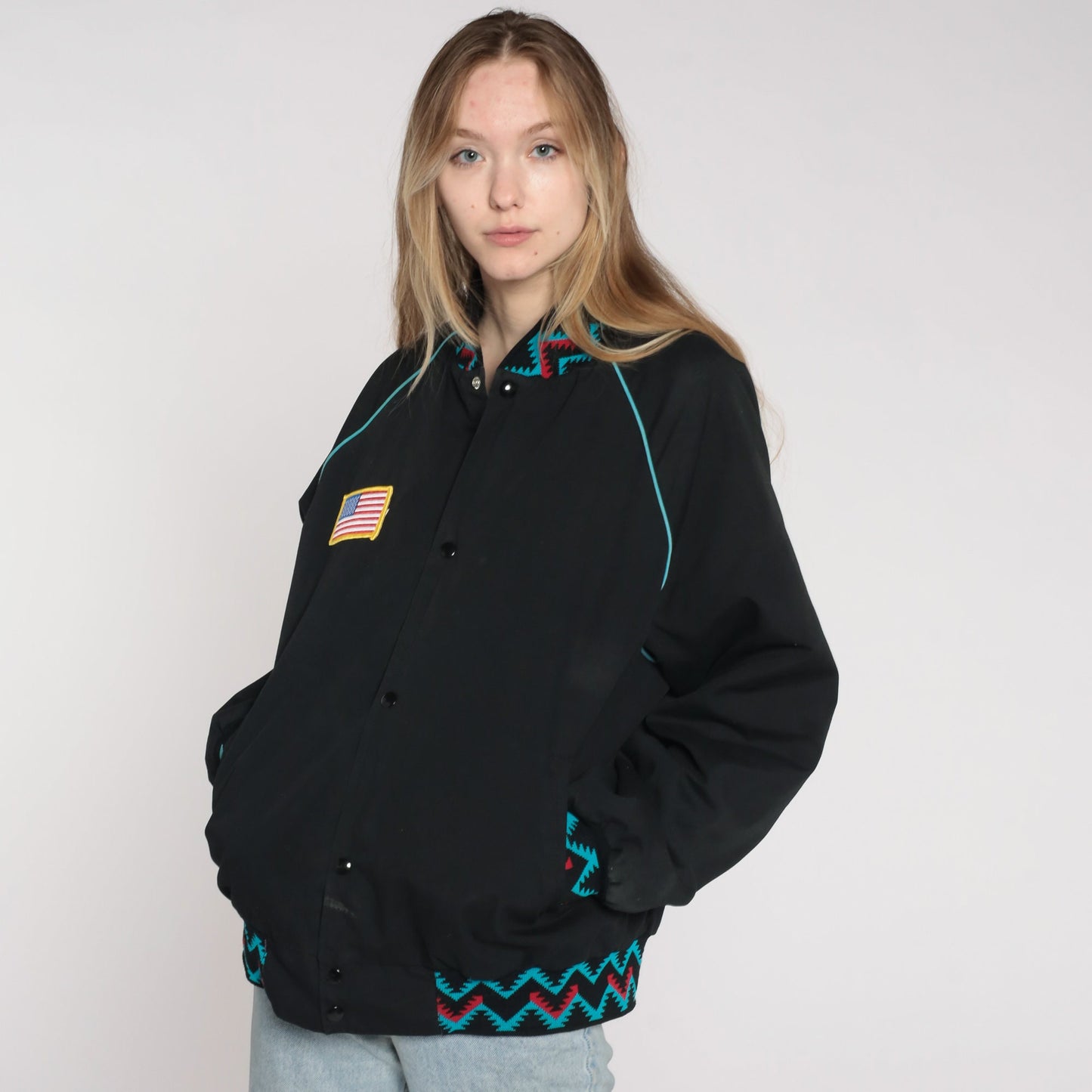 80s Rock N Country Snap Jacket Black Aztec Graphic Unisex Large