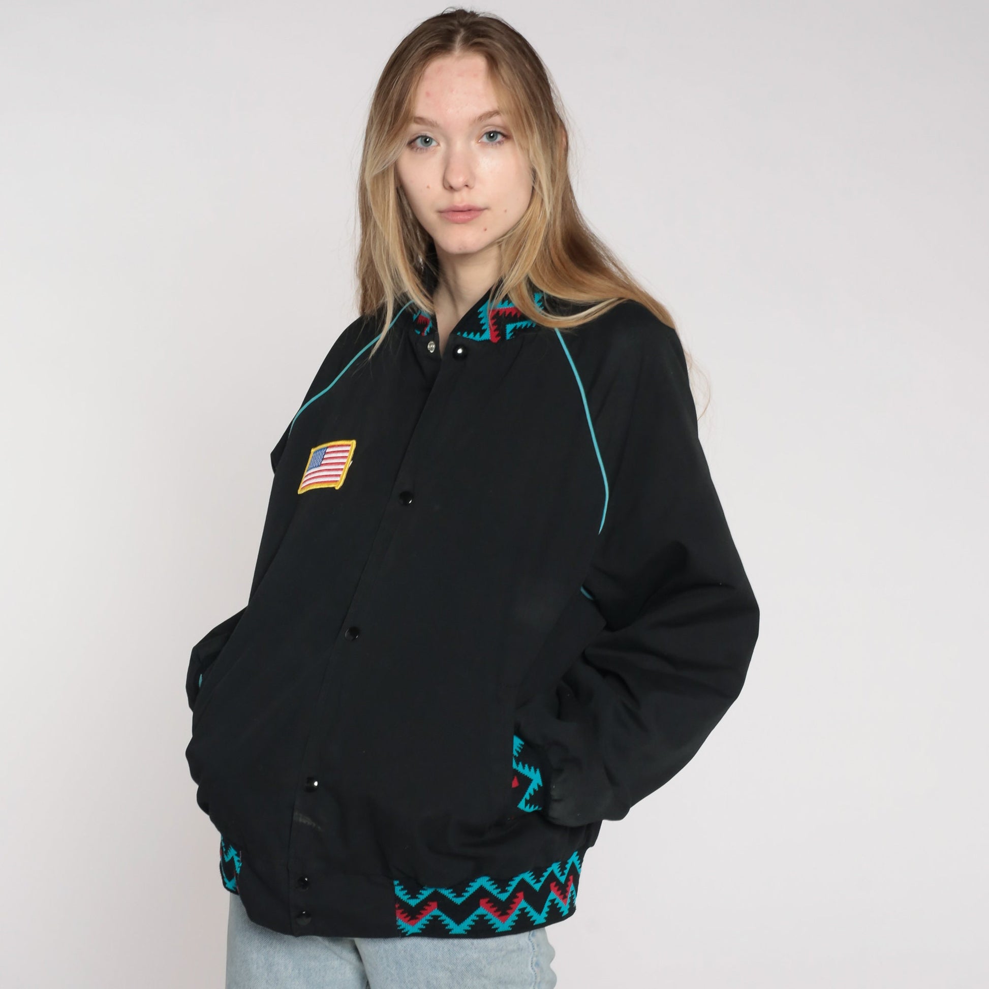80s Rock N Country Snap Jacket Black Aztec Graphic Unisex Large
