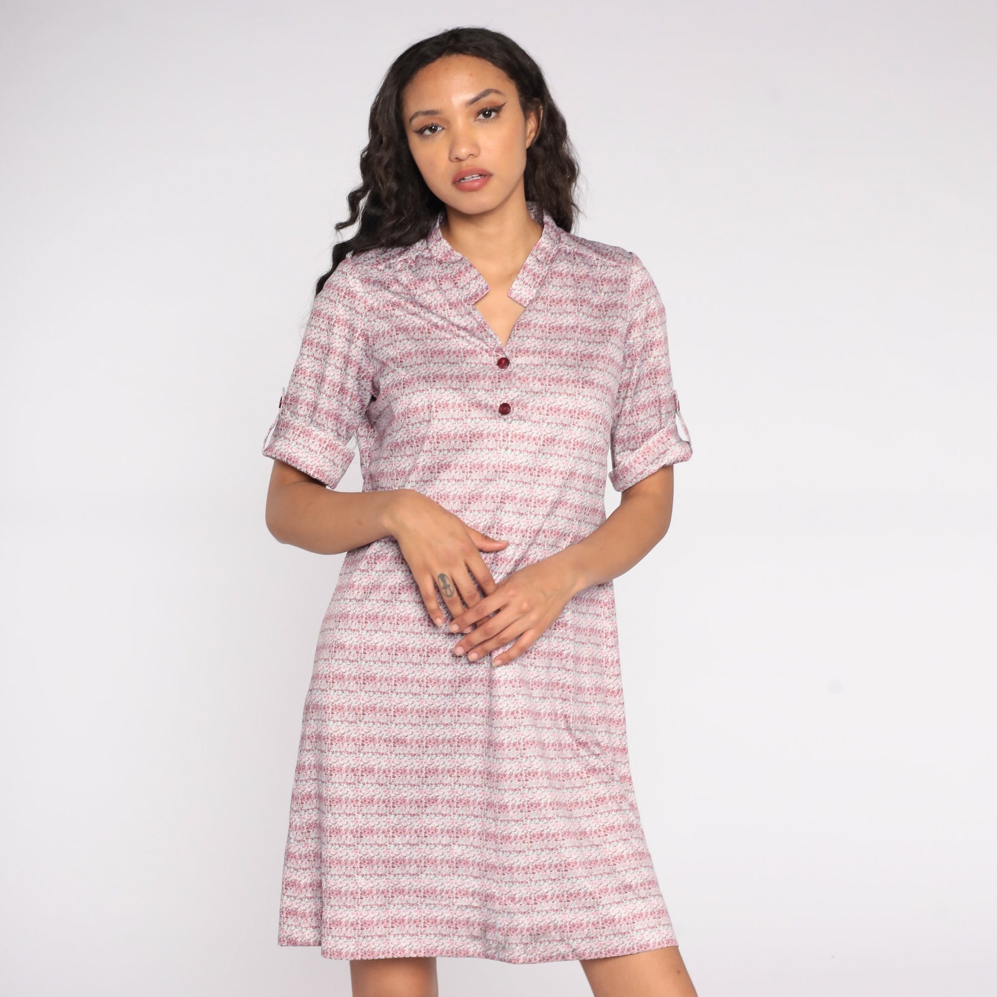 90s Striped Shirt Dress Pink Floral Button-Up Collar Mini Large L