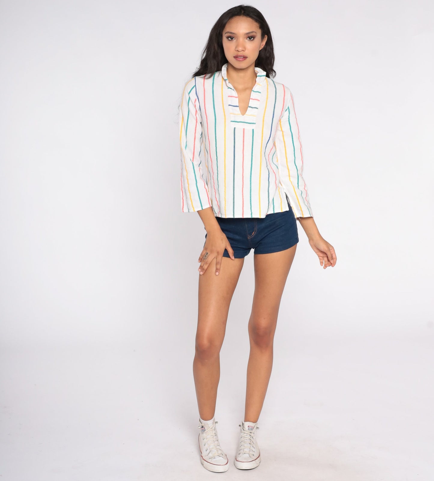 70s Cotton Striped Tunic Top White V-Neck Long Sleeve Extra Small