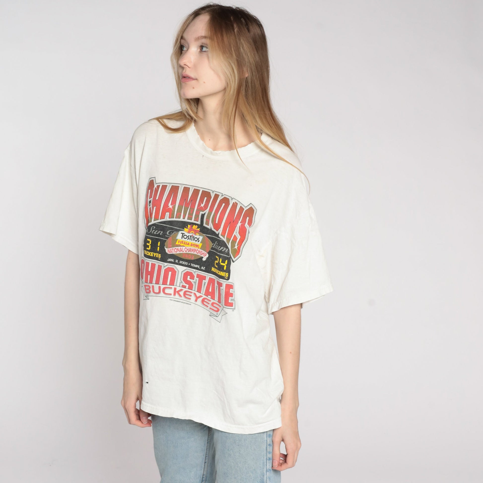 2003 Ohio State Buckeyes Fiesta Bowl Champions T Shirt Distressed Graphic Large