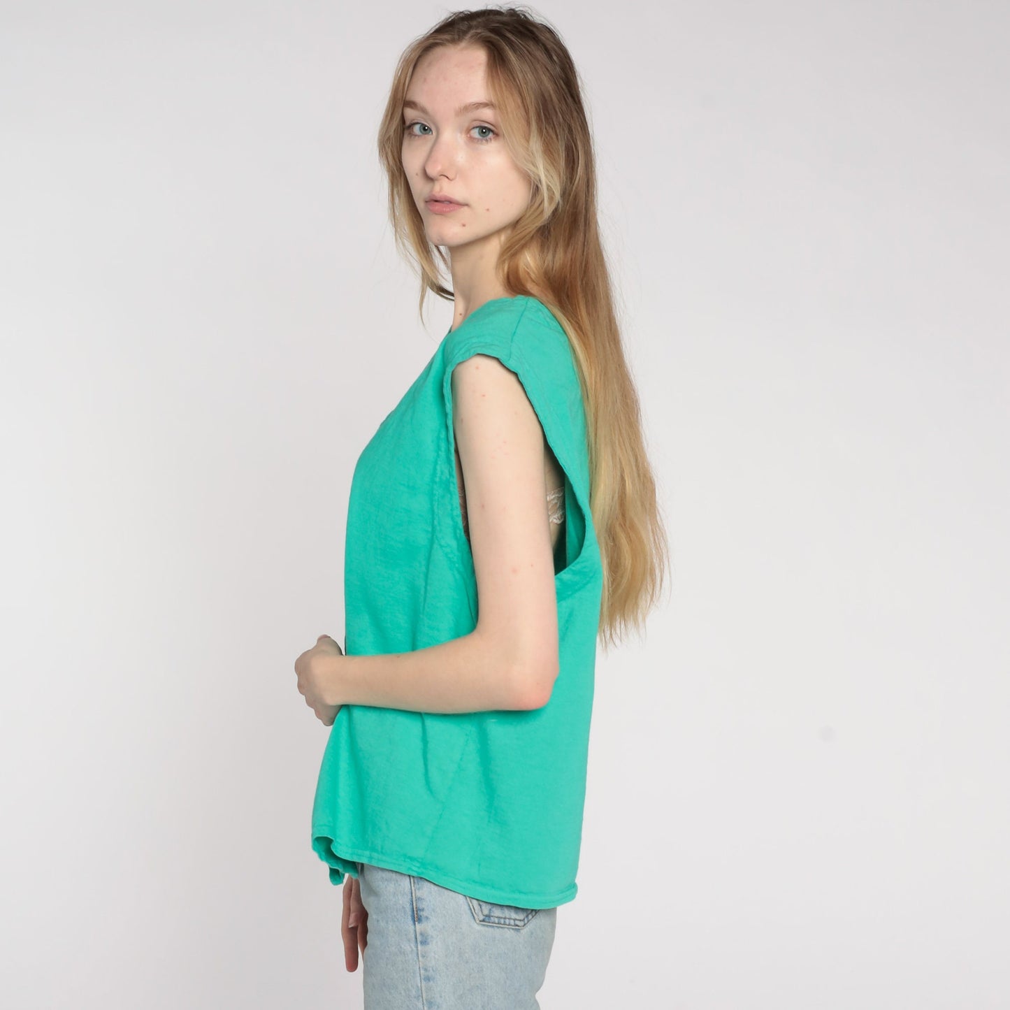 90s Green Button-Up Tank Top Sleeveless Blouse V-Neck Large L