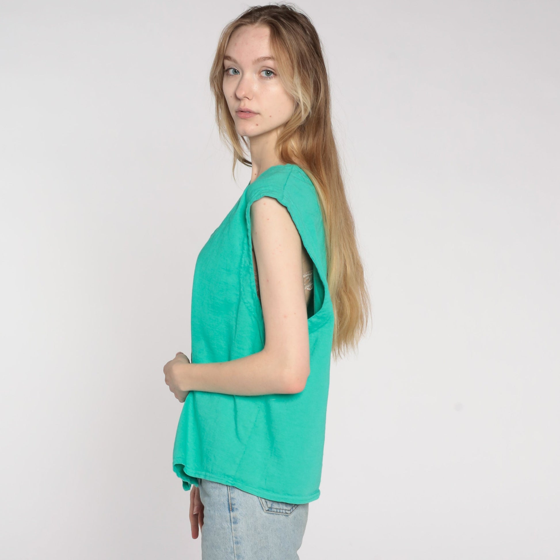 90s Green Button-Up Tank Top Sleeveless Blouse V-Neck Large L