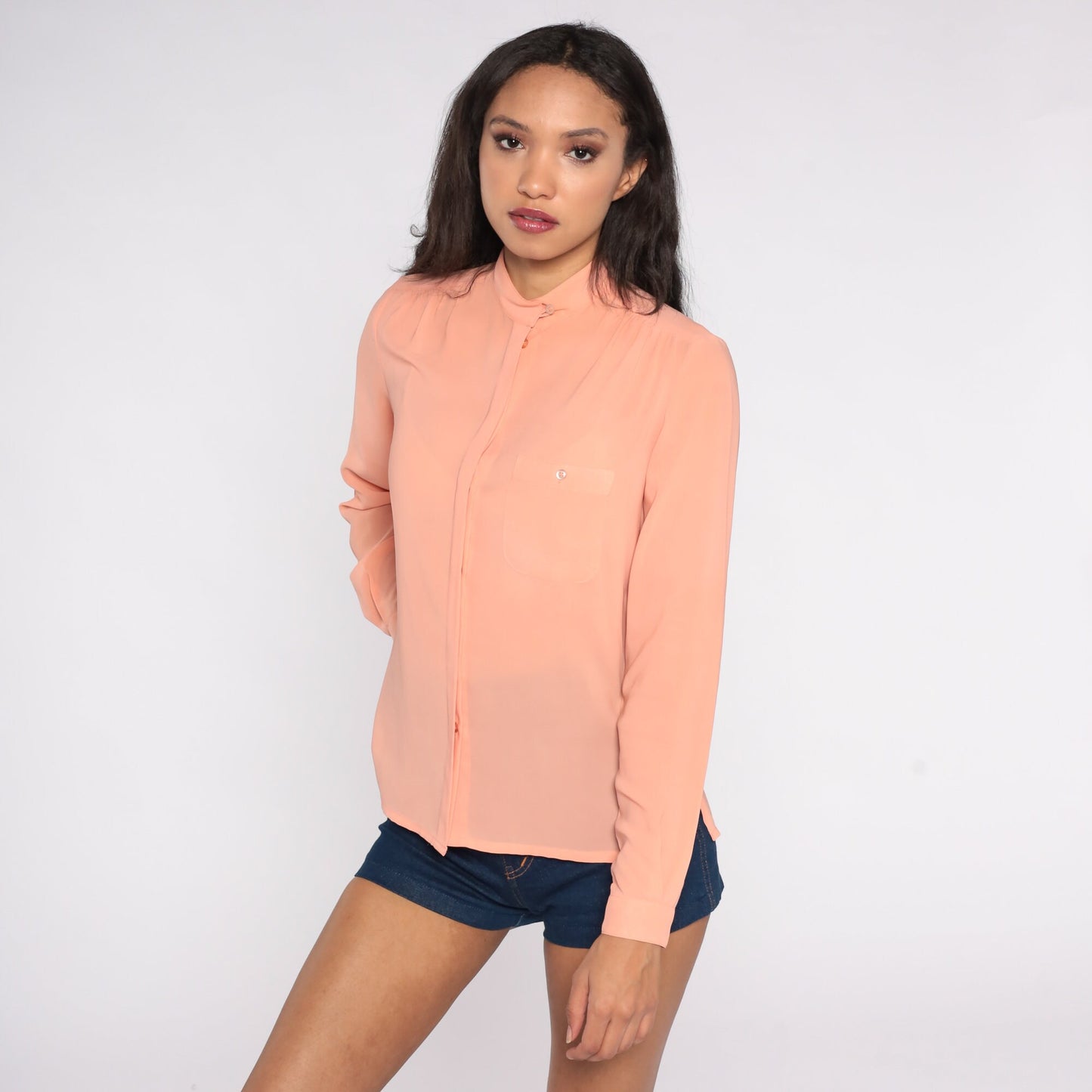 80s Peach Chiffon Blouse Long Sleeve Button Up Sheer Collar Small