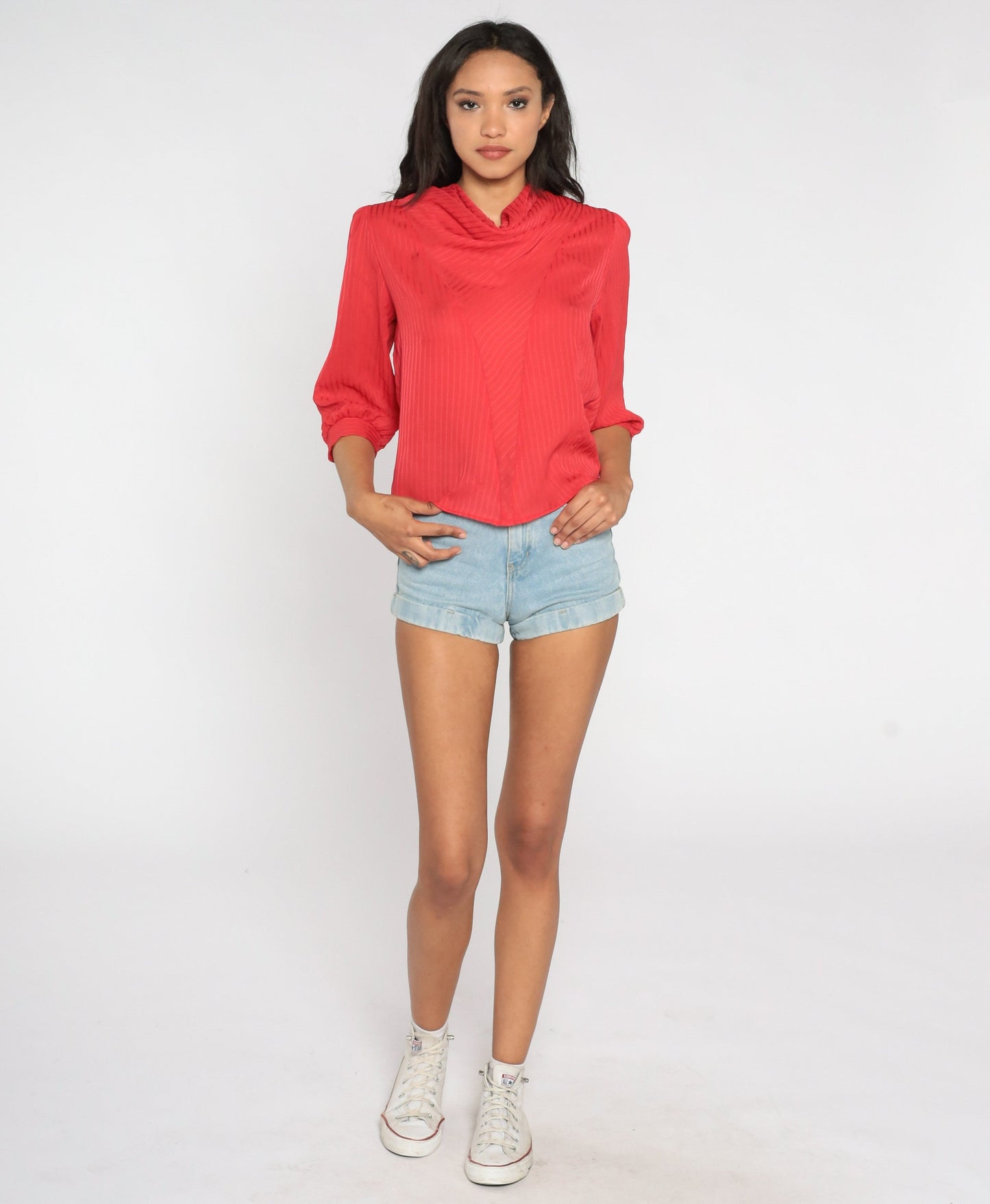 80s Red Cowl Neck Blouse Puff Sleeve Semi Sheer Party Top Medium