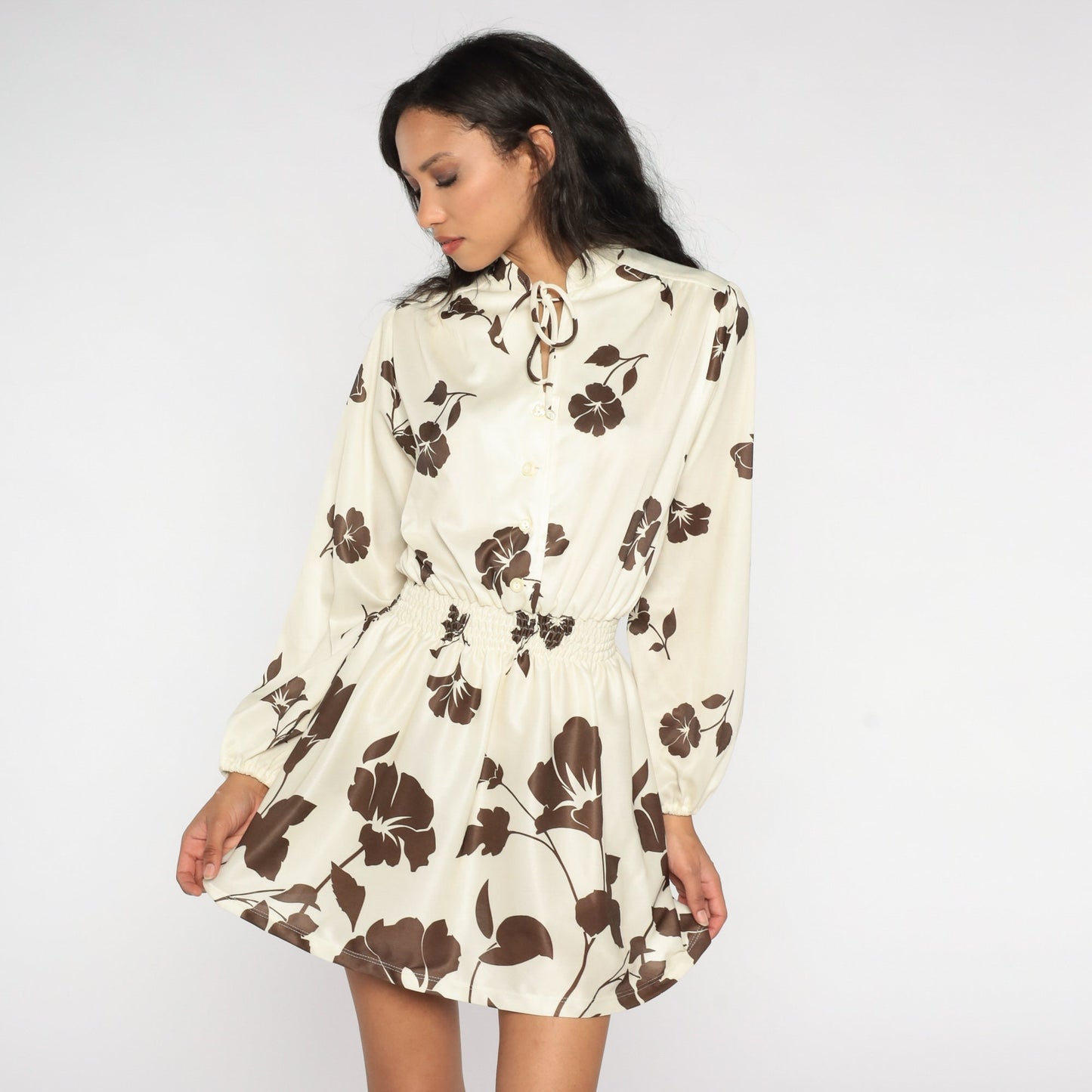 70s Floral Blouson Mini Dress Cream Brown Long Sleeve Smocked Waist Small