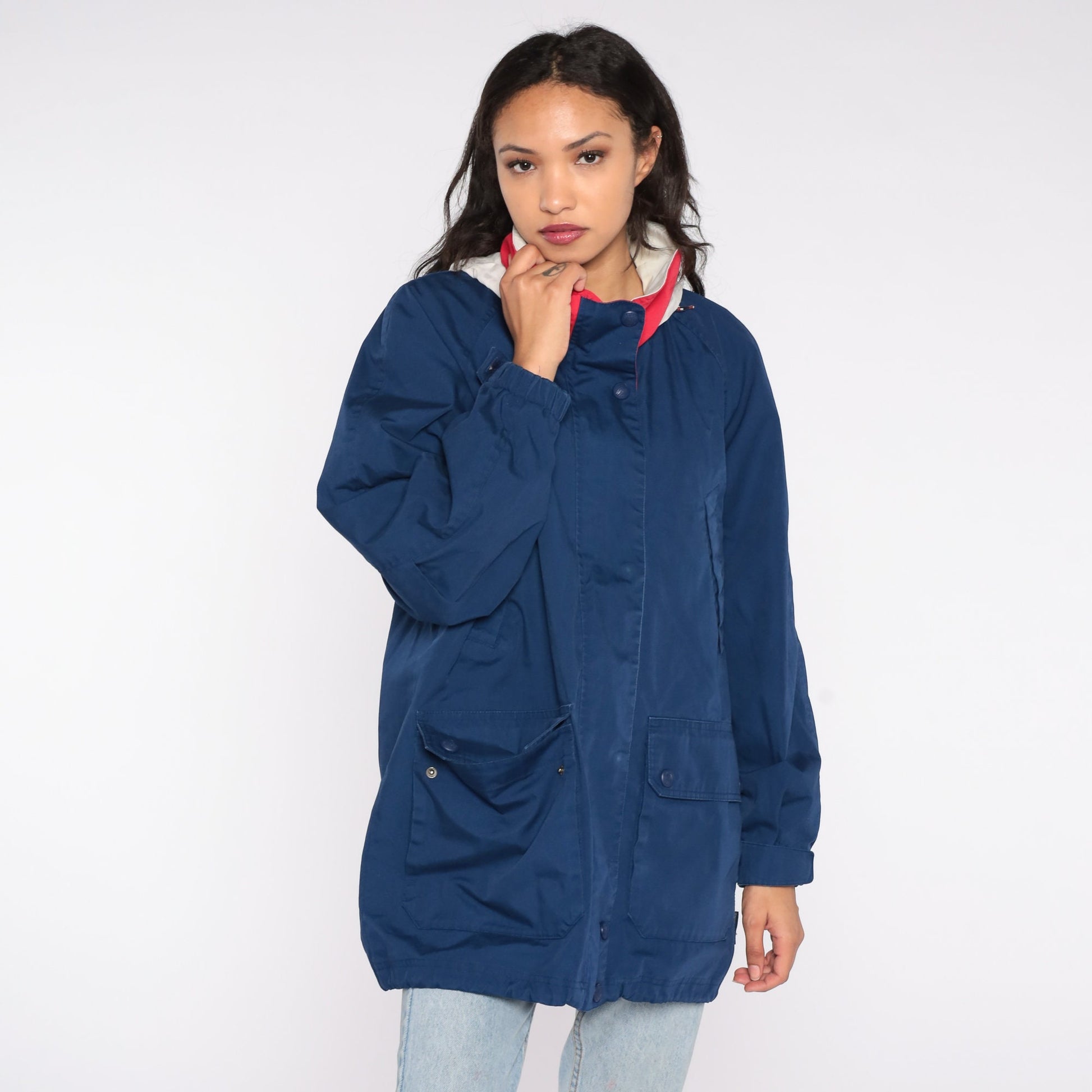 90s Navy Windbreaker Jacket Funnel Neck Raglan Lightweight Large L