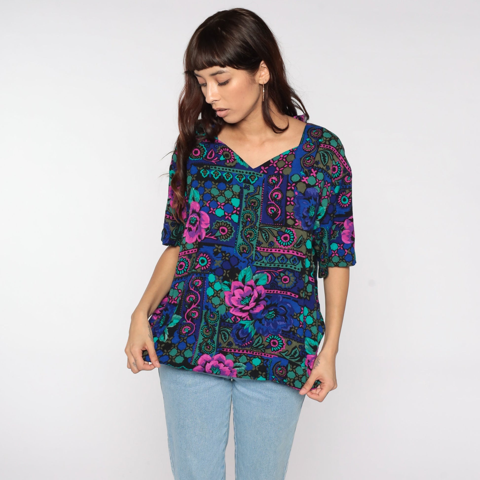 90s Geometric Floral Print Blouse Short Sleeve V-Neck Multicolor Large