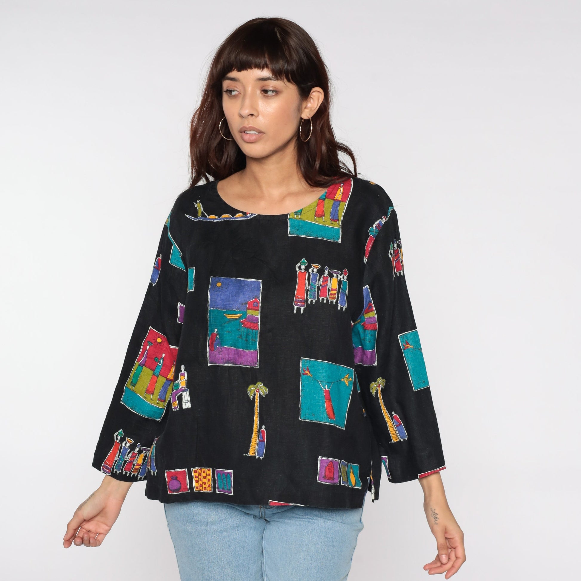 90s Village Print Black Blouse Long Sleeve Button Up Novelty Seaside Large L
