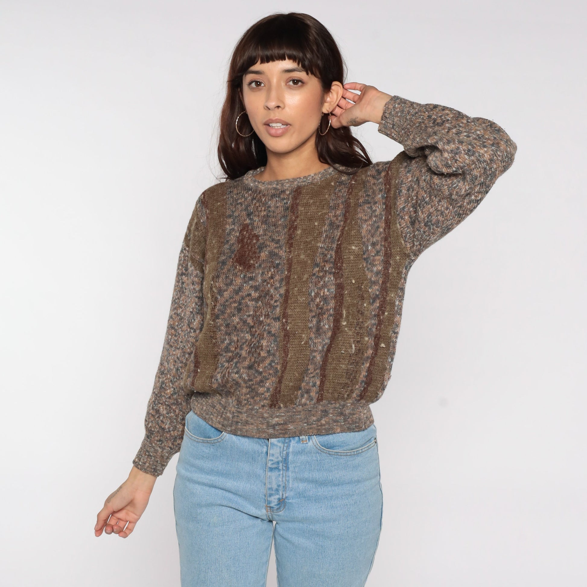 80s Brown Striped Wool Blend Crewneck Sweater Pullover Medium M