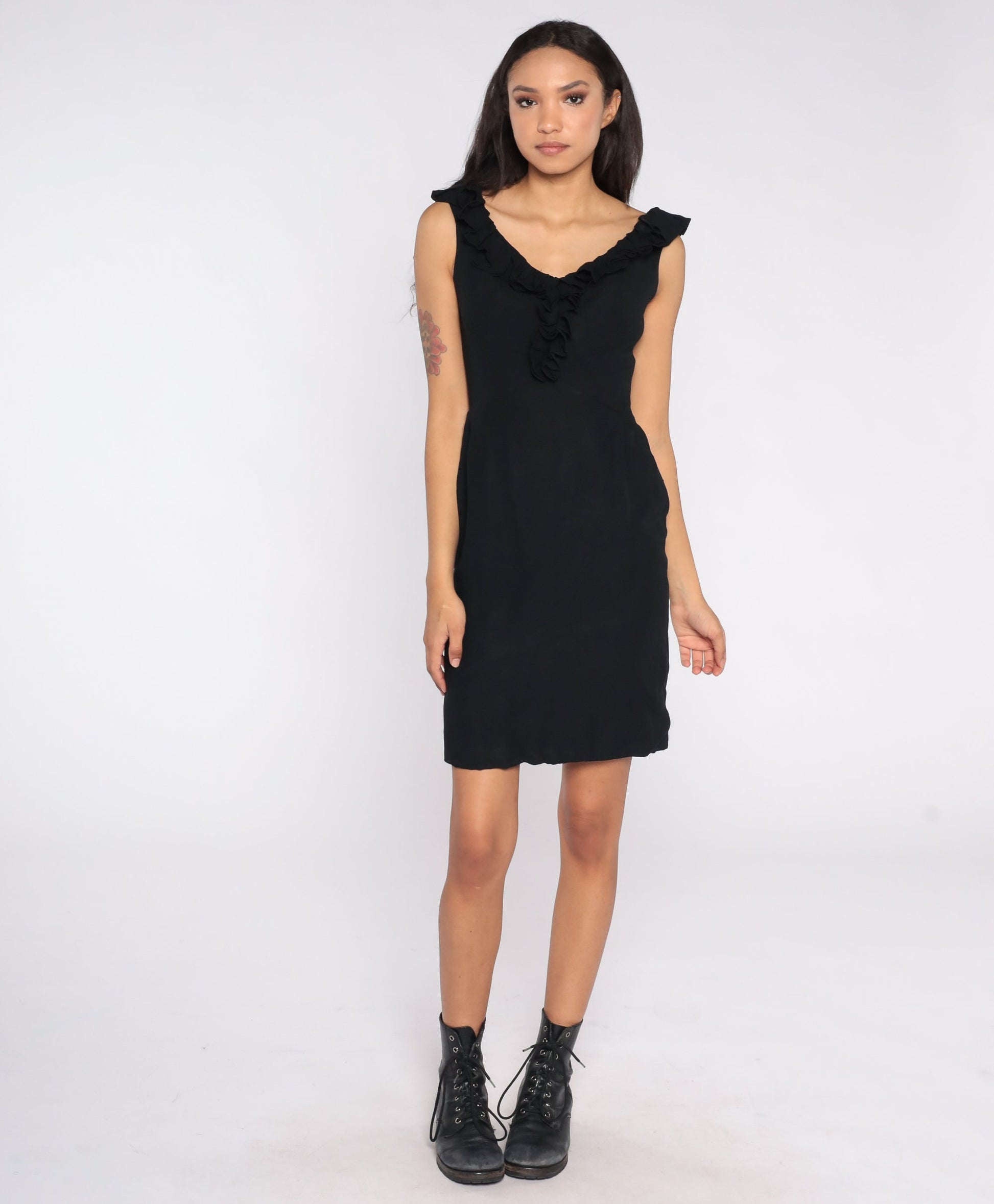 1960s Black Sheath Dress Ruffled Neckline High Waist Pencil Skirt Small