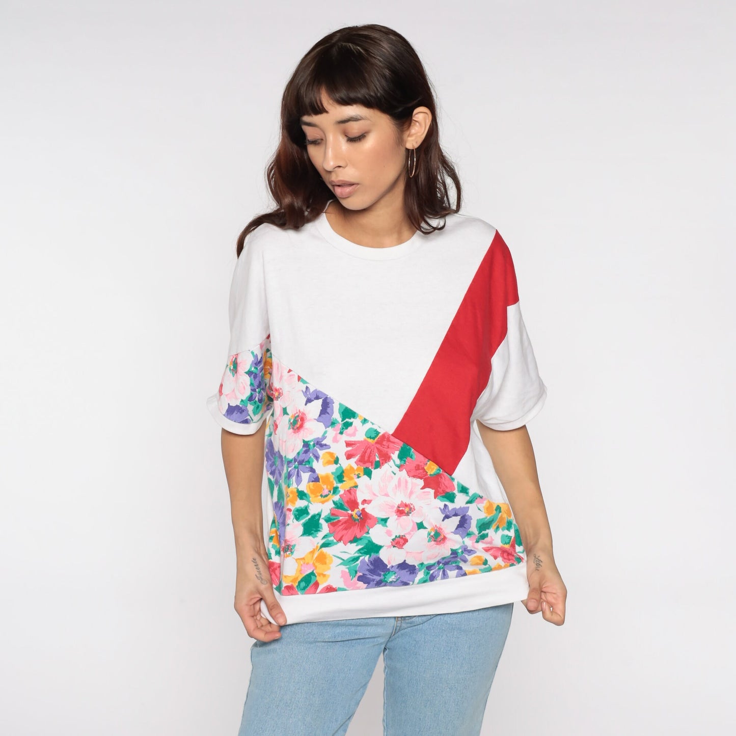 80s Floral Colour Block Top White Red Stripe Short Sleeve Crewneck Medium