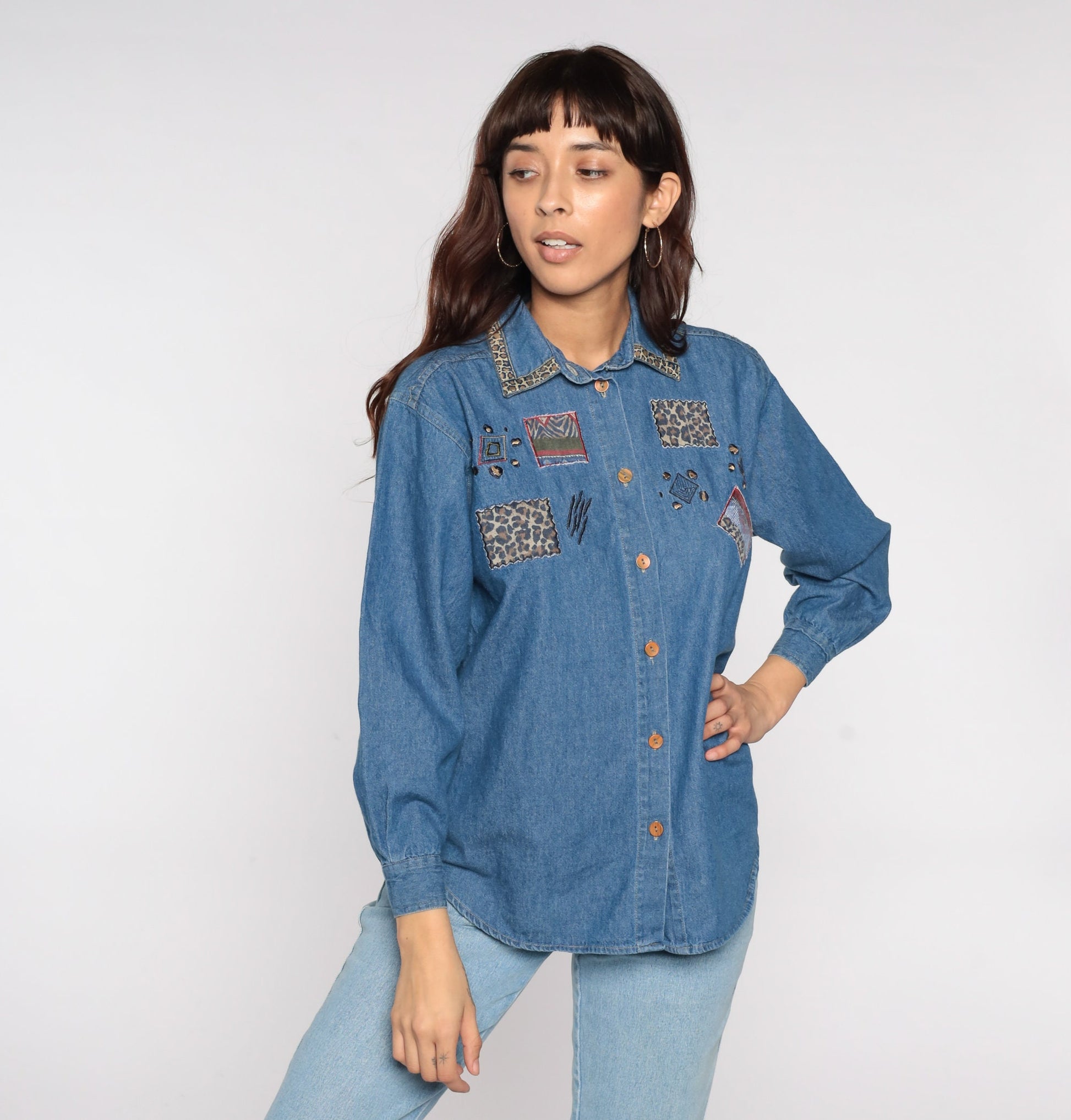 90s Denim Shirt Leopard Patchwork Abstract Blue Button Up Medium