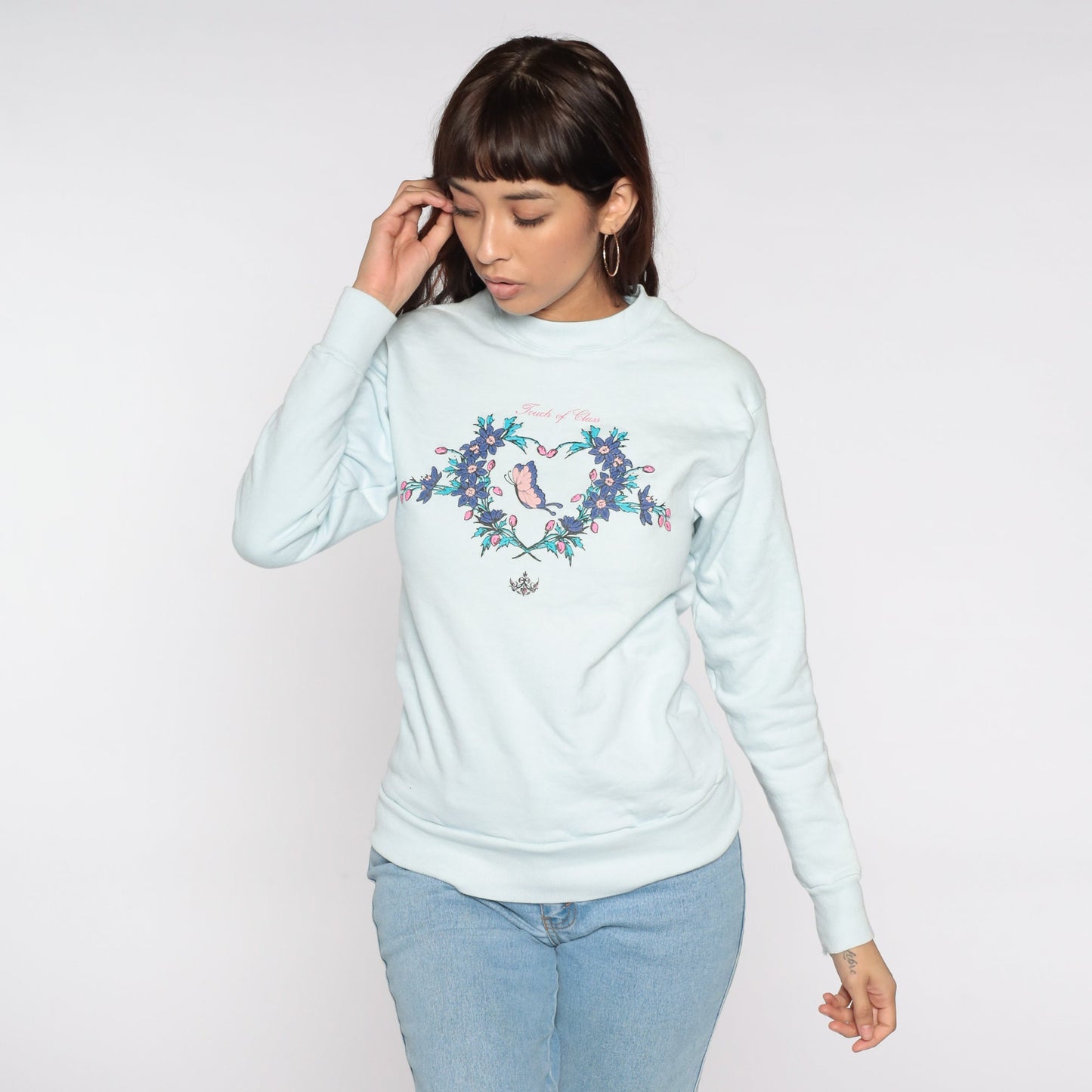 80s Touch Of Class Butterfly Floral Sweatshirt Baby Blue Crewneck Extra Small
