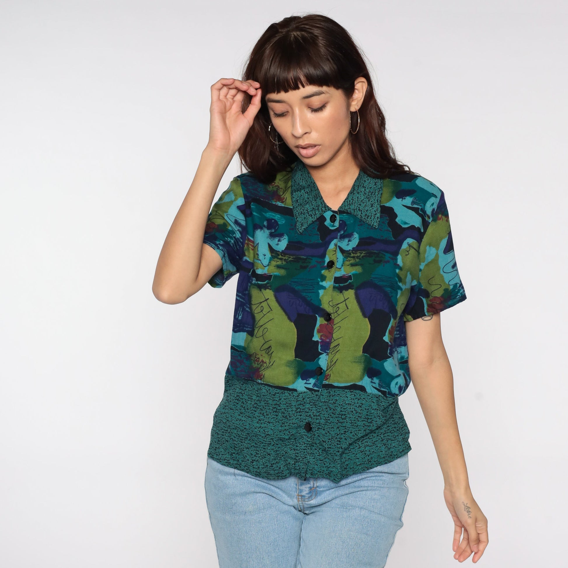 90s Abstract Watercolor Button-Up Blouse Dark Blue Green Short Sleeve Medium
