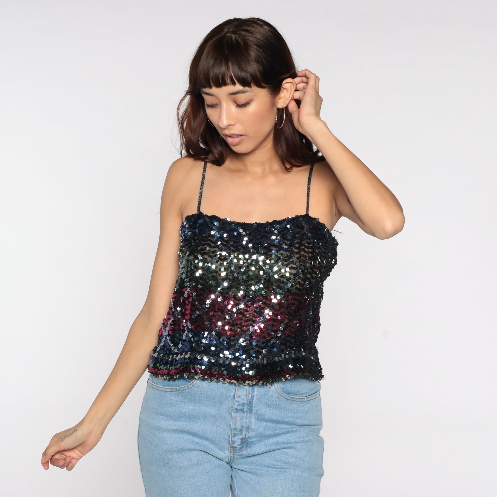 80s Black Sequin Tank Top Striped Diamond Pattern Crop Spaghetti Strap Medium