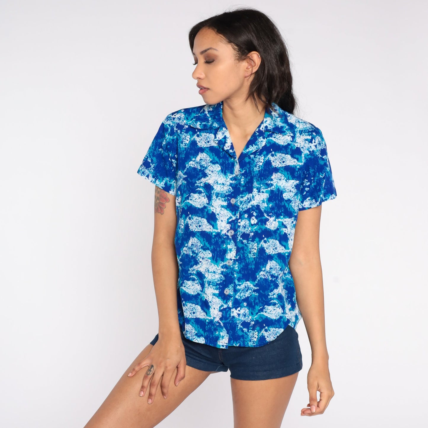 70s Psychedelic Abstract Button Up Blouse Blue Short Sleeve Medium Large
