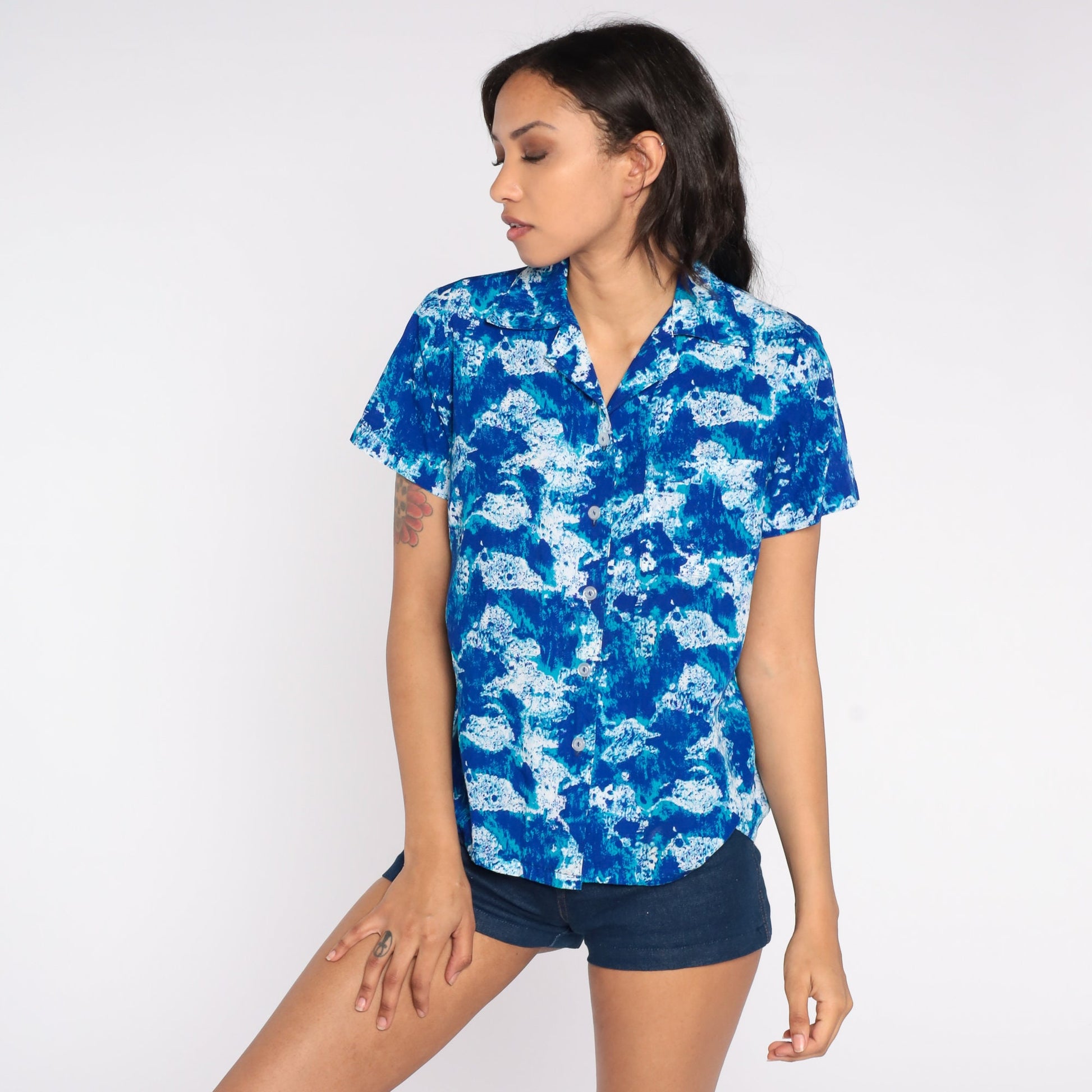 70s Psychedelic Abstract Button Up Blouse Blue Short Sleeve Medium Large