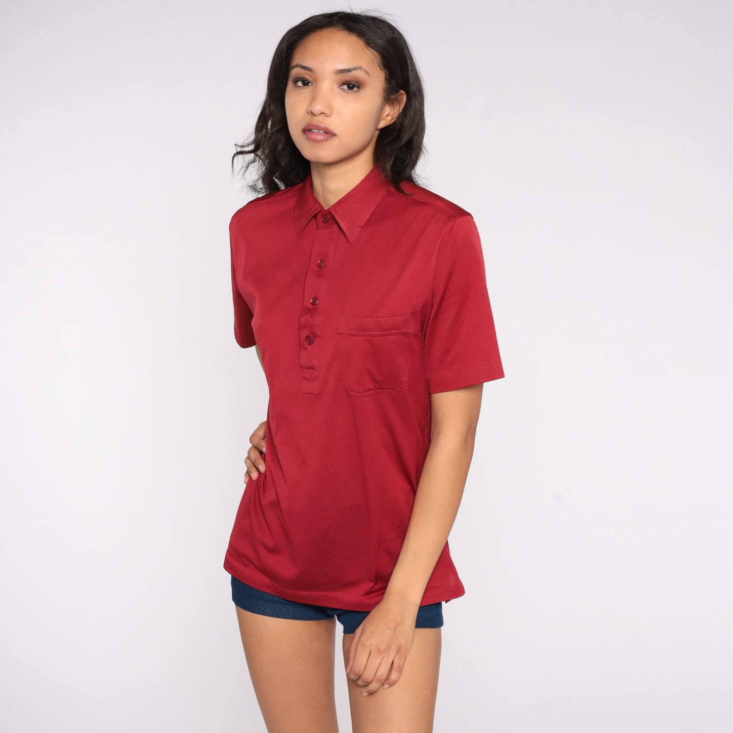70s Burgundy Polo Shirt Button Up Collared Short Sleeve Medium