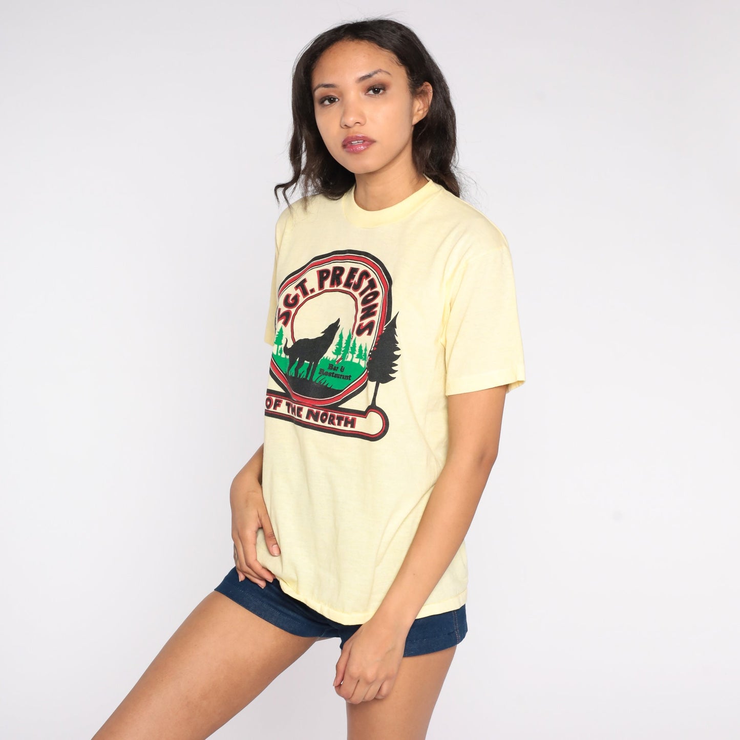 80s Sgt Preston's of the North Graphic T-Shirt Yellow Lafayette Indiana Large