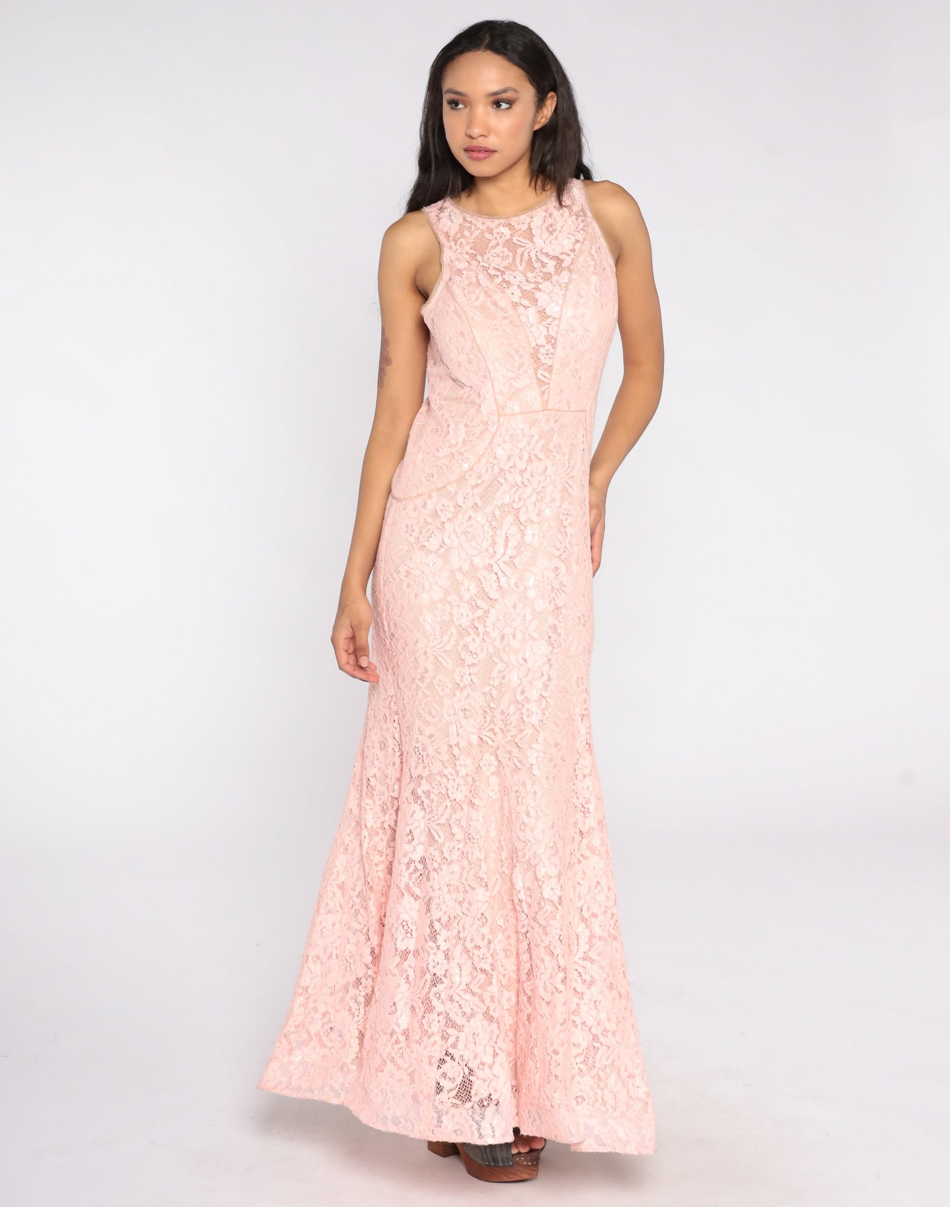 Y2K Baby Pink Lace Maxi Dress Plunge Illusion Neckline Sleeveless Large 12P