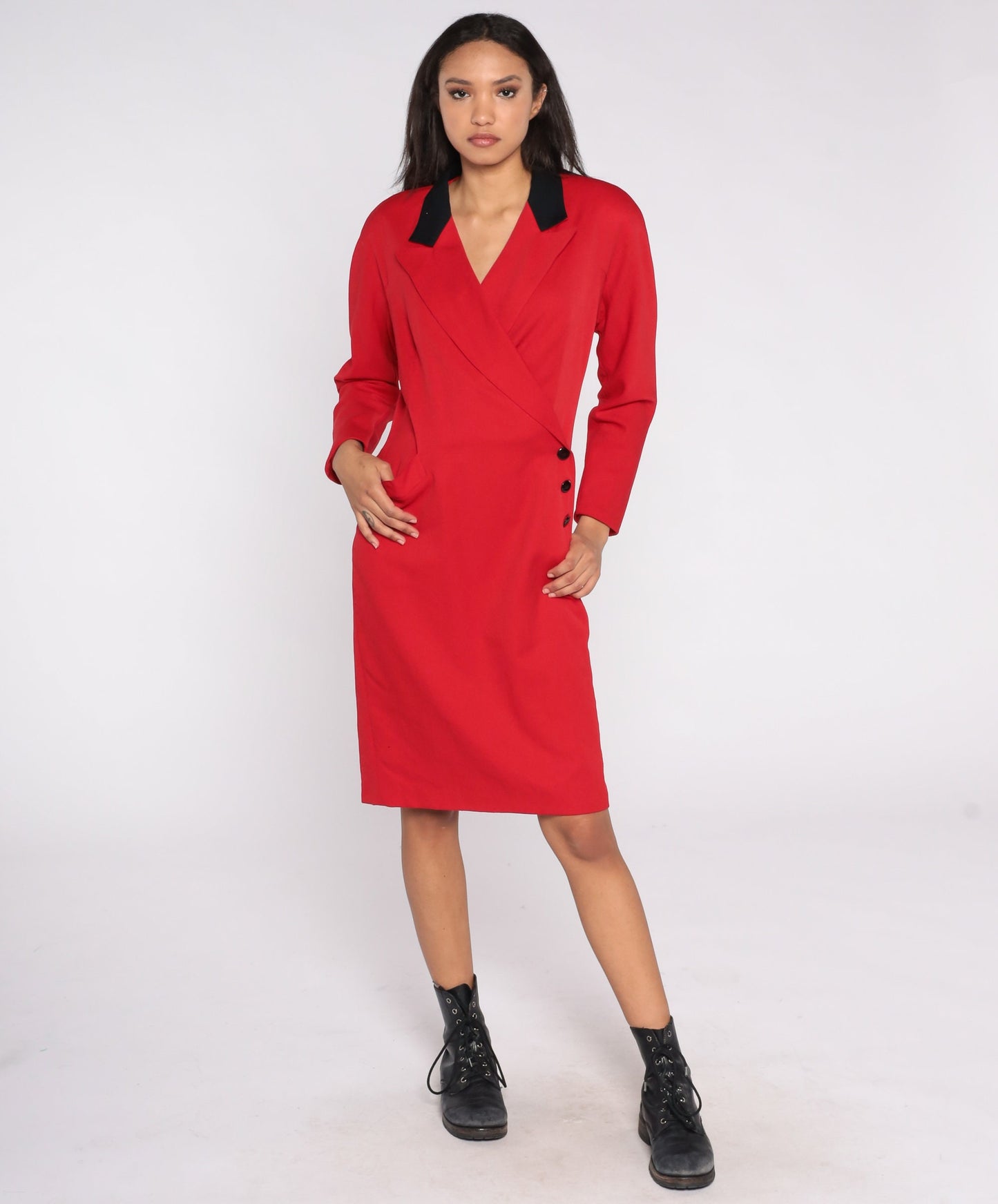 80s Red Wool Wrap Dress High Waist V Neck Midi Long Sleeve Medium 8