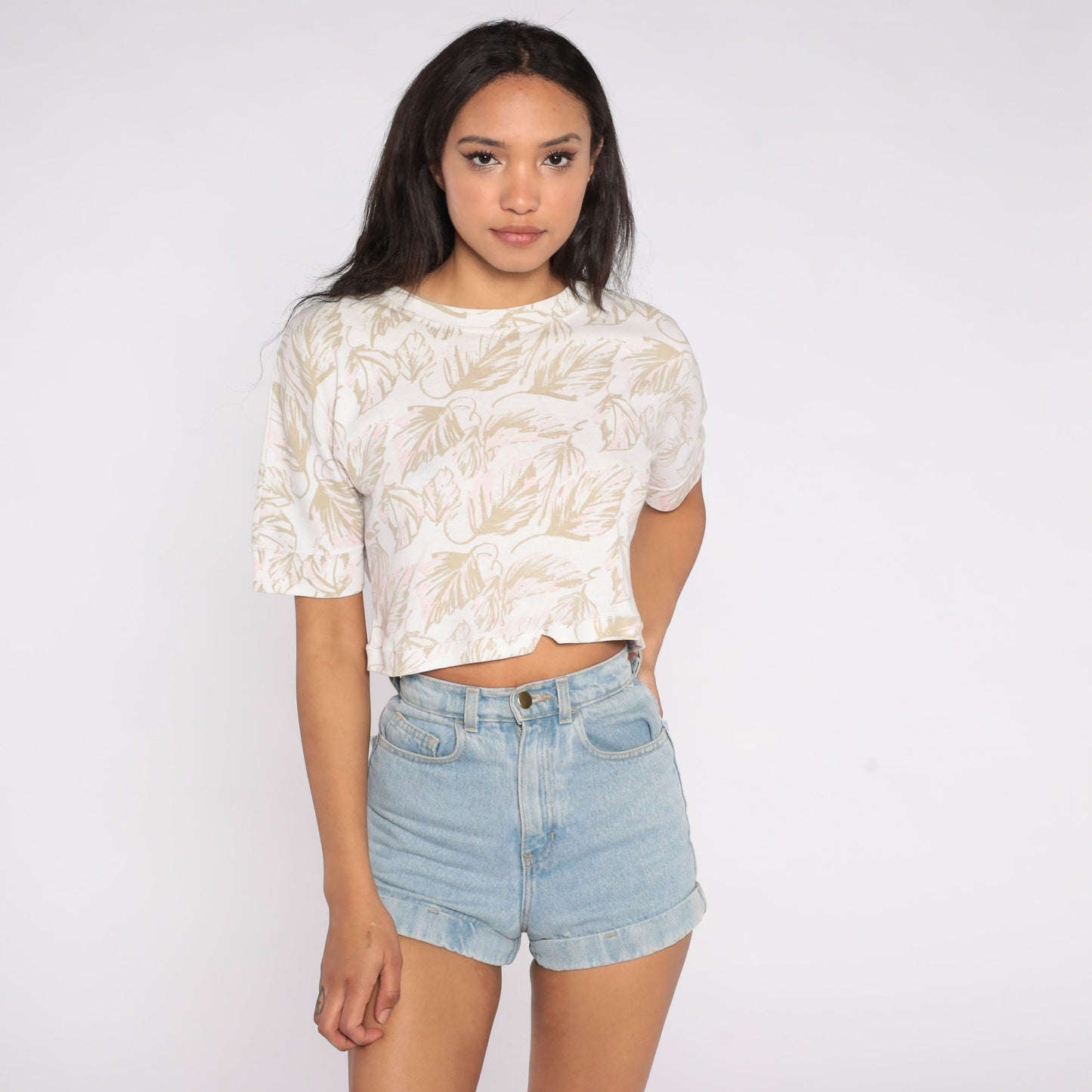 90s Leaf Print Crop Top White Cotton T-Shirt Small S
