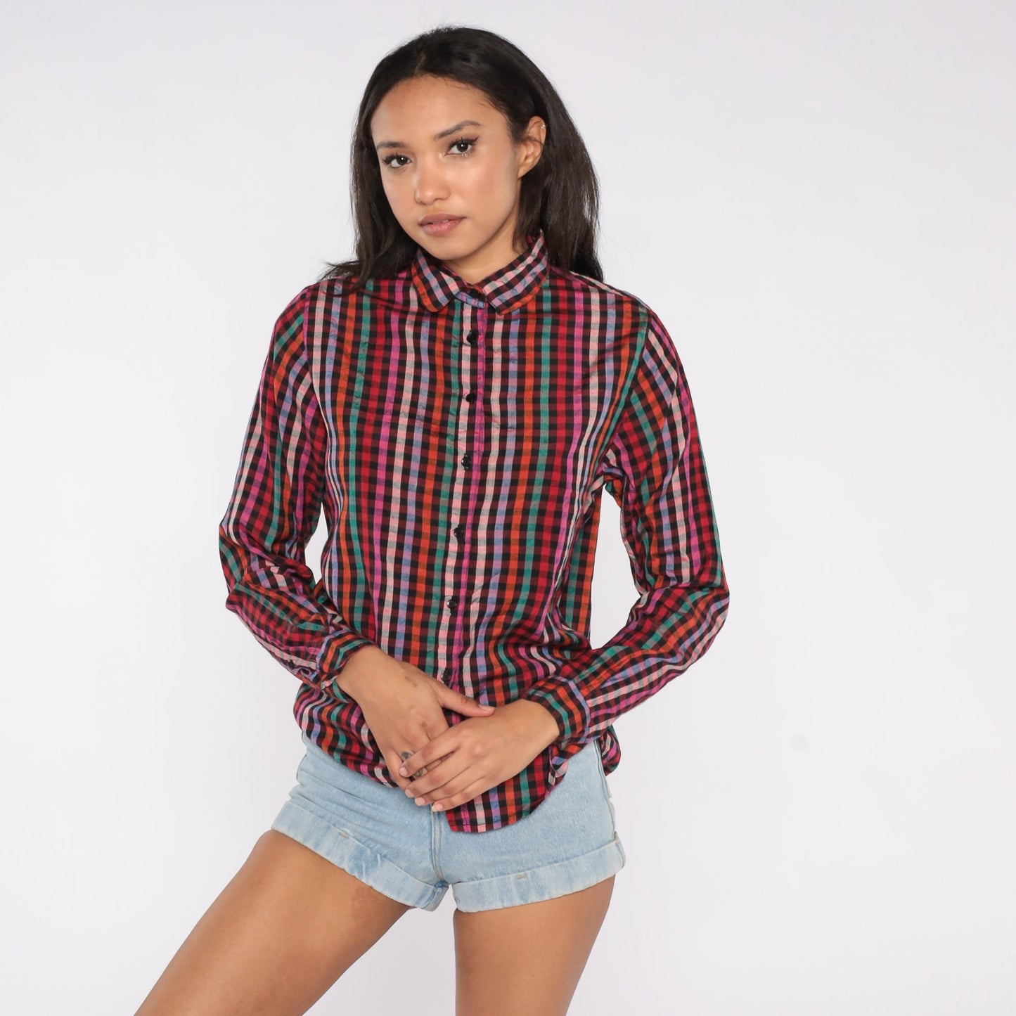 80s Rainbow Checkered Silk Button-Up Blouse Long Sleeve Collared Medium