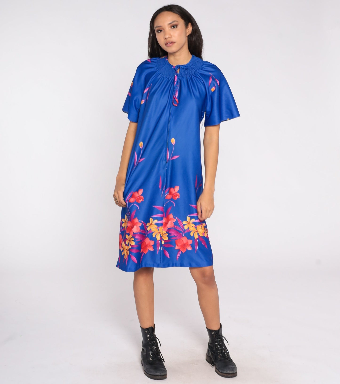 70s Blue Floral Midi Shift Dress Front Zip Lounge Wear Medium